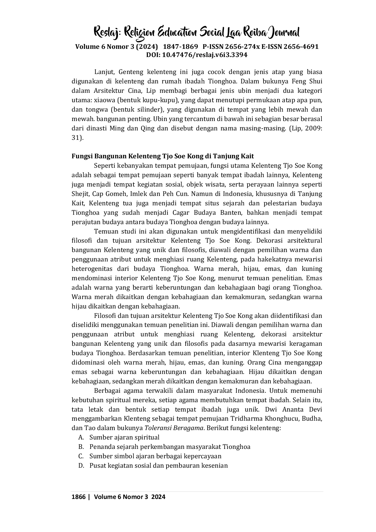 JURIS Perkembangan Arsitektur dan Fungsi Kelenteng Tjo Soe Kong di Tanjung Kait Tahun 1959 2018