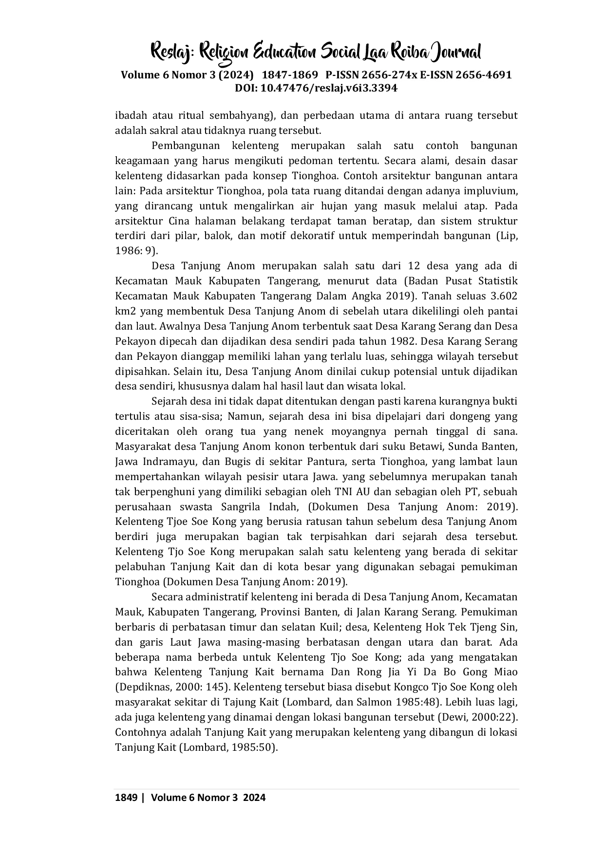 JURIS Perkembangan Arsitektur dan Fungsi Kelenteng Tjo Soe Kong di Tanjung Kait Tahun 1959 2018