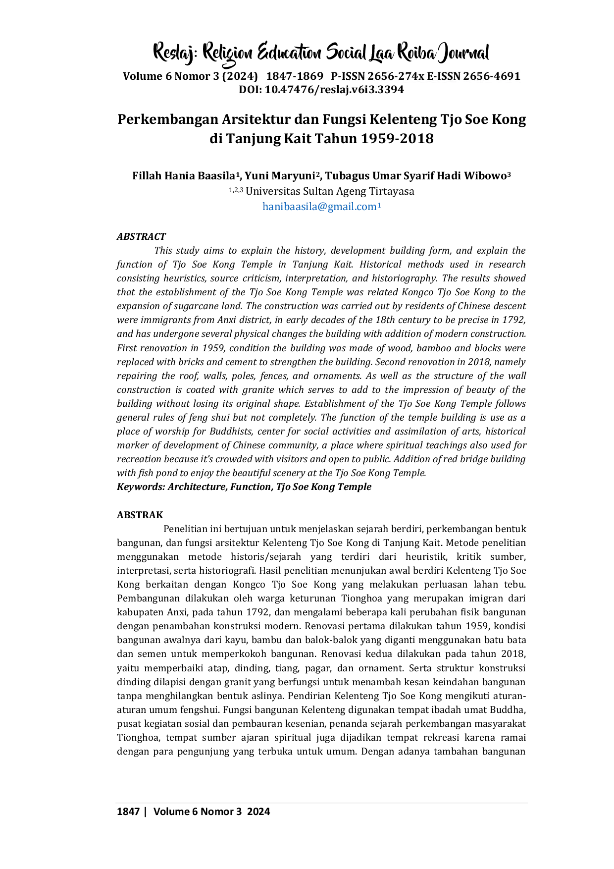 JURIS Perkembangan Arsitektur dan Fungsi Kelenteng Tjo Soe Kong di Tanjung Kait Tahun 1959 2018