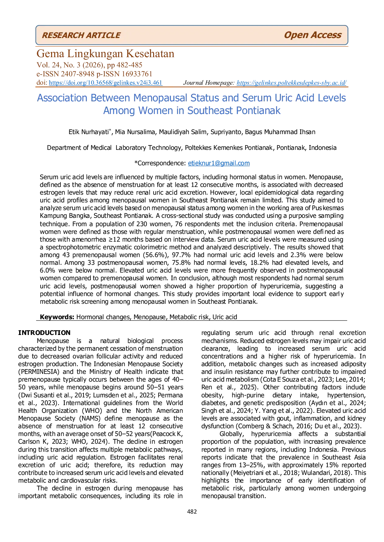 JURIS Association Between Menopausal Status and Serum Uric Acid Levels Among Women in Southeast Pontianak