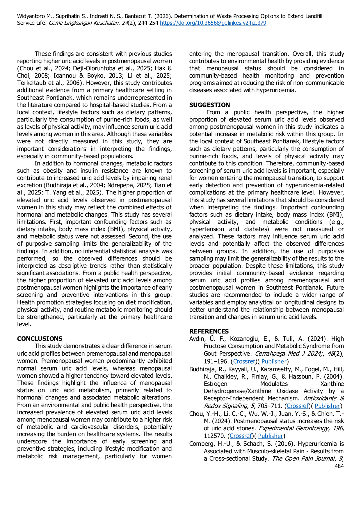 JURIS Association Between Menopausal Status and Serum Uric Acid Levels Among Women in Southeast Pontianak