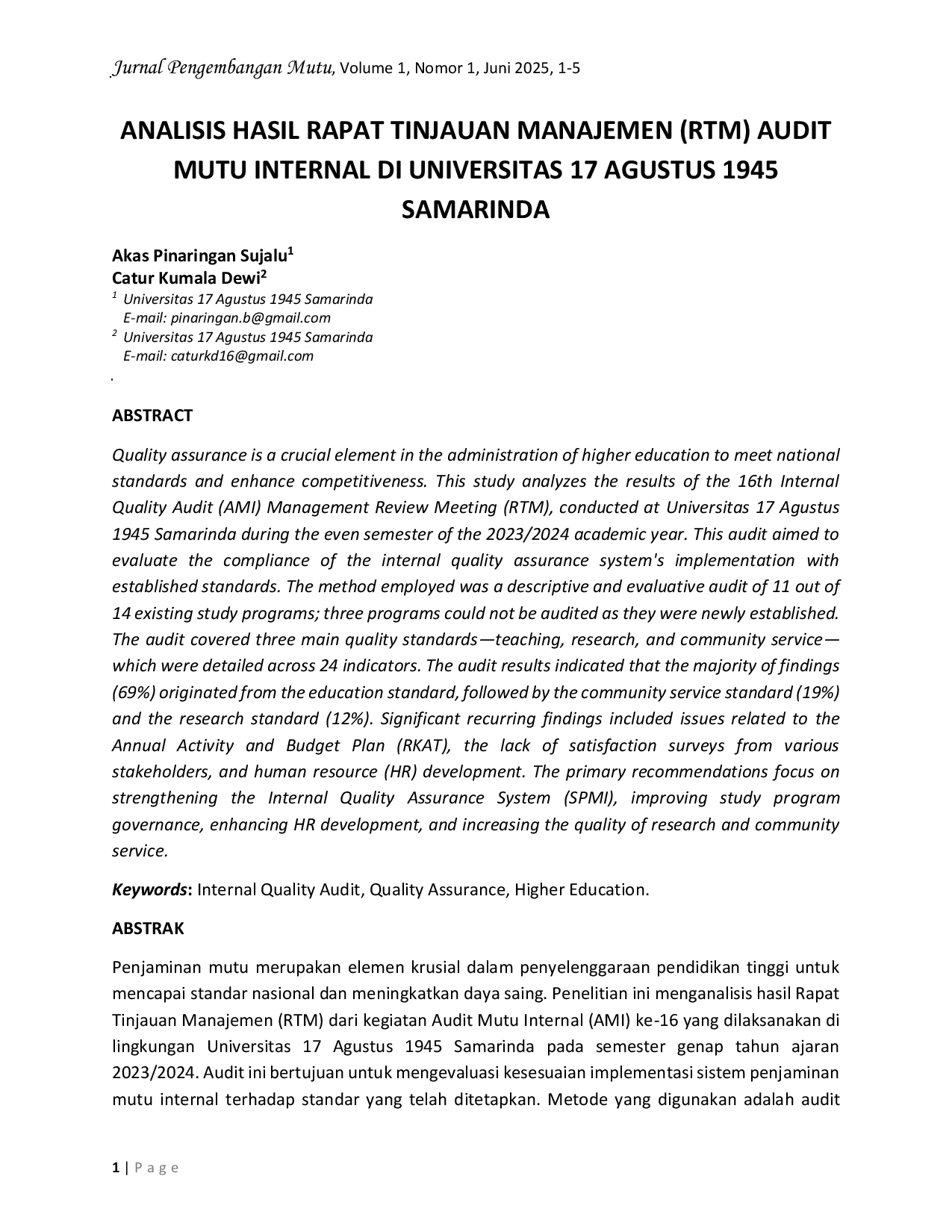 JURIS Analisis Hasil Rapat Tinjauan Manajemen Rtm Audit Mutu Internal Di Universitas 17 Agustus 1945 Samarinda