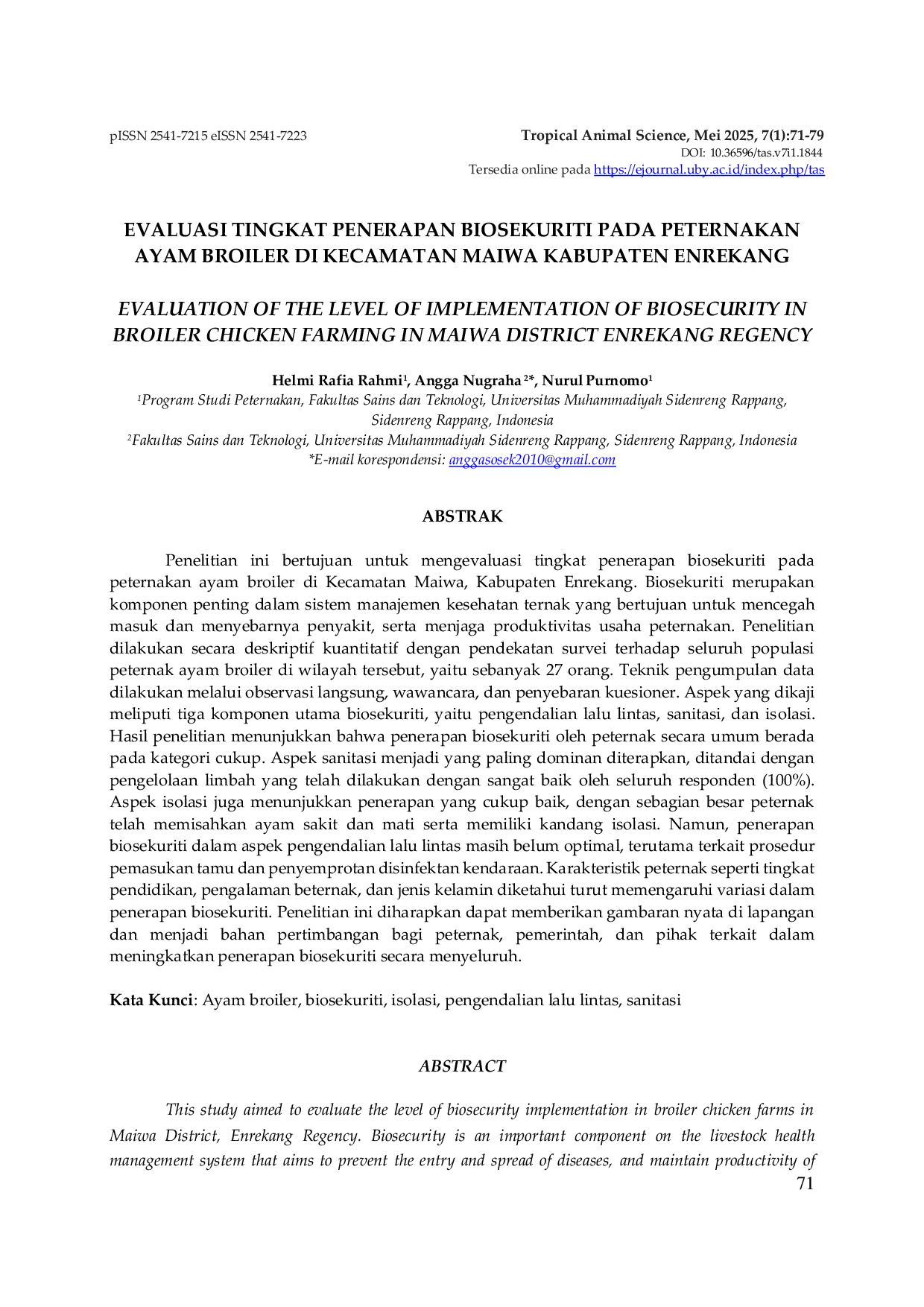 JURIS Evaluasi Tingkat Penerapan Biosekuriti Pada Peternakan Ayam Broiler Di Kecamatan Maiwa Kabupaten Enrekang