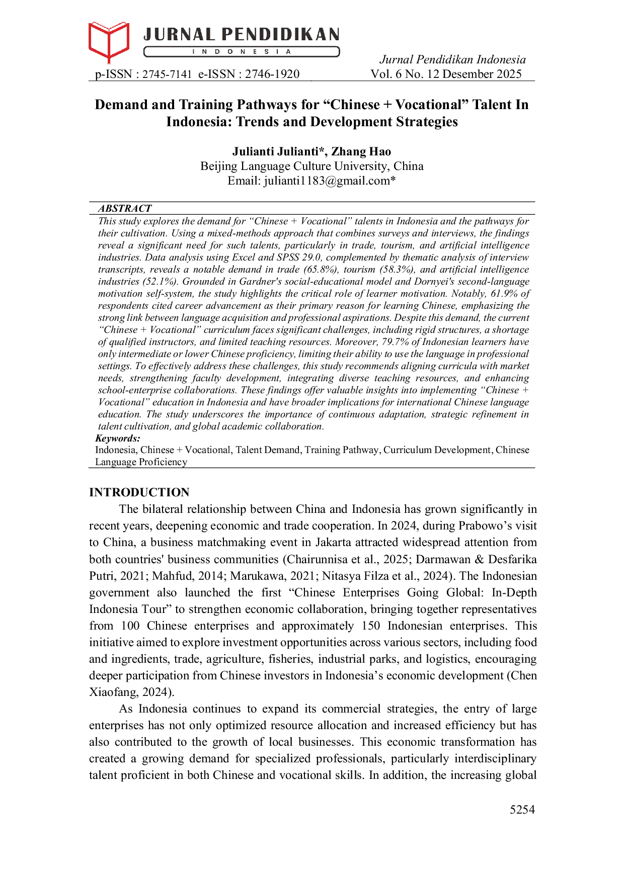 JURIS Demand and Training Pathways for Chinese Vocational Talent in Indonesia Trends and Development Strategies