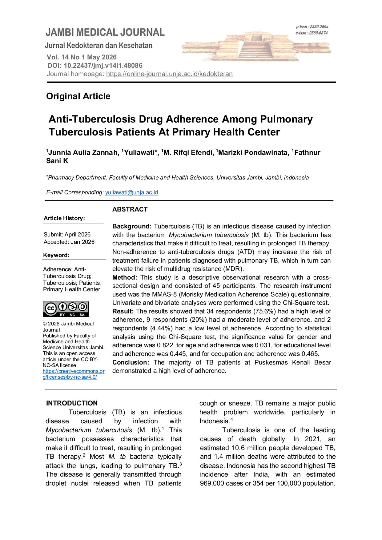 JURIS Anti Tuberculosis Drug Adherence Among Pulmonary Tuberculosis Patients At Primary Health Center