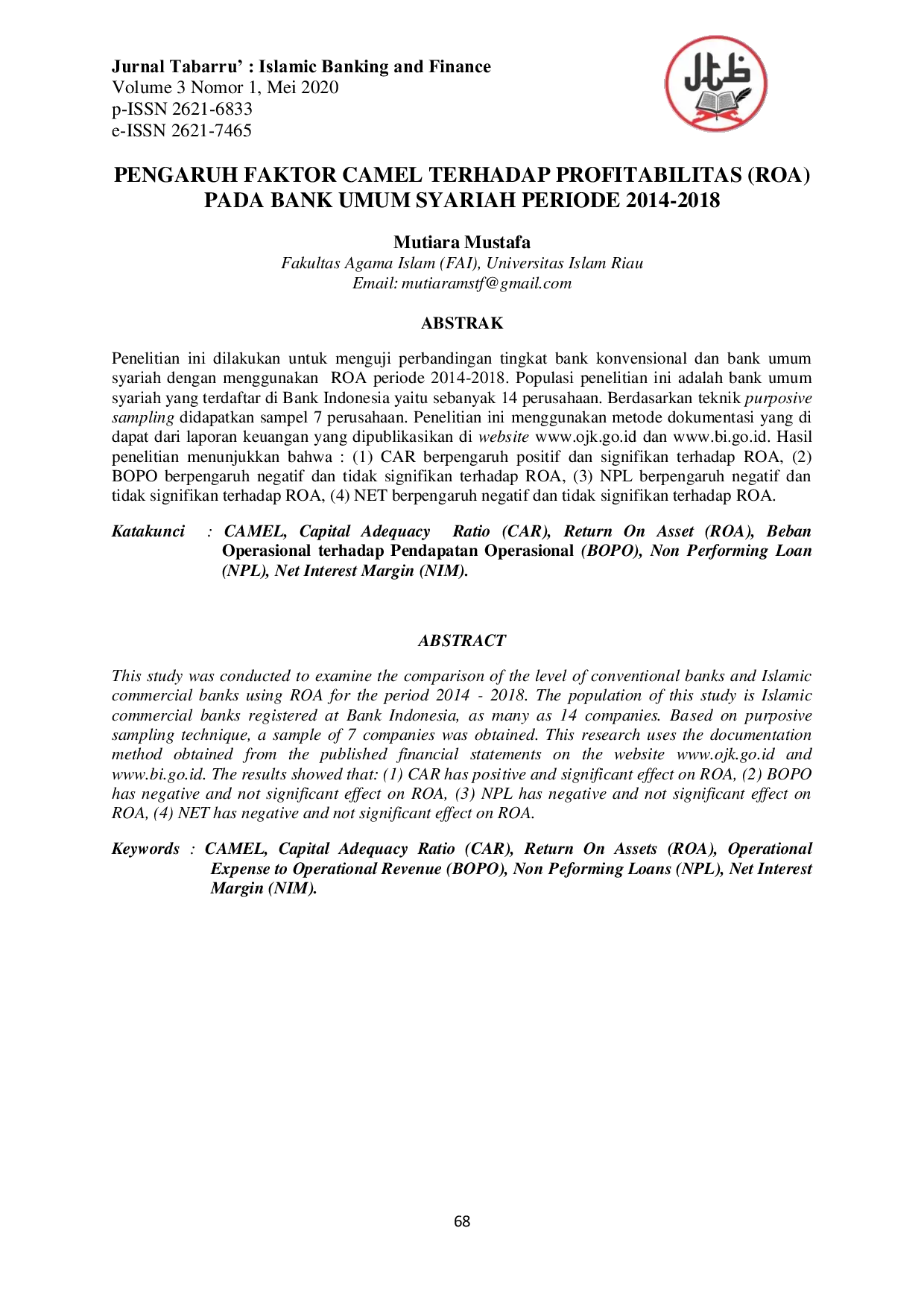 JURIS PENGARUH FAKTOR CAMEL TERHADAP PROFITABILITAS ROA PADA BANK UMUM SYARIAH PERIODE 2014 2018