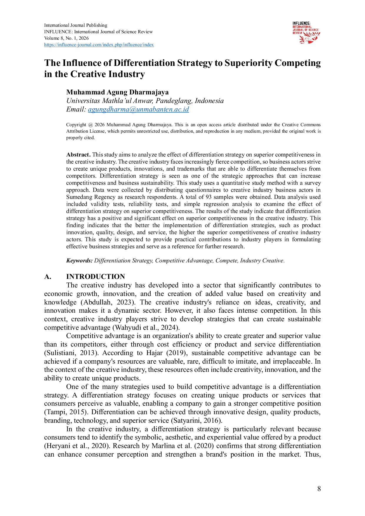 JURIS The Influence of Differentiation Strategy to Superior Competing in the Creative Industry