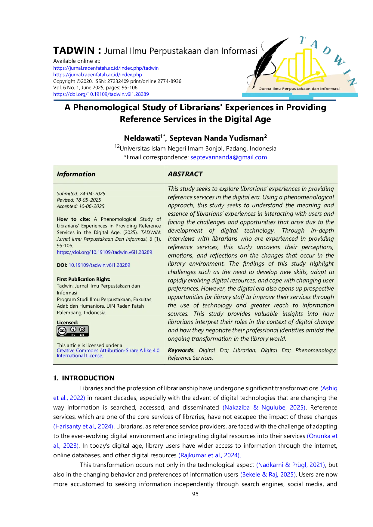 JURIS A Phenomological Study of Librarians Experiences in Providing Reference Services in the Digital Age