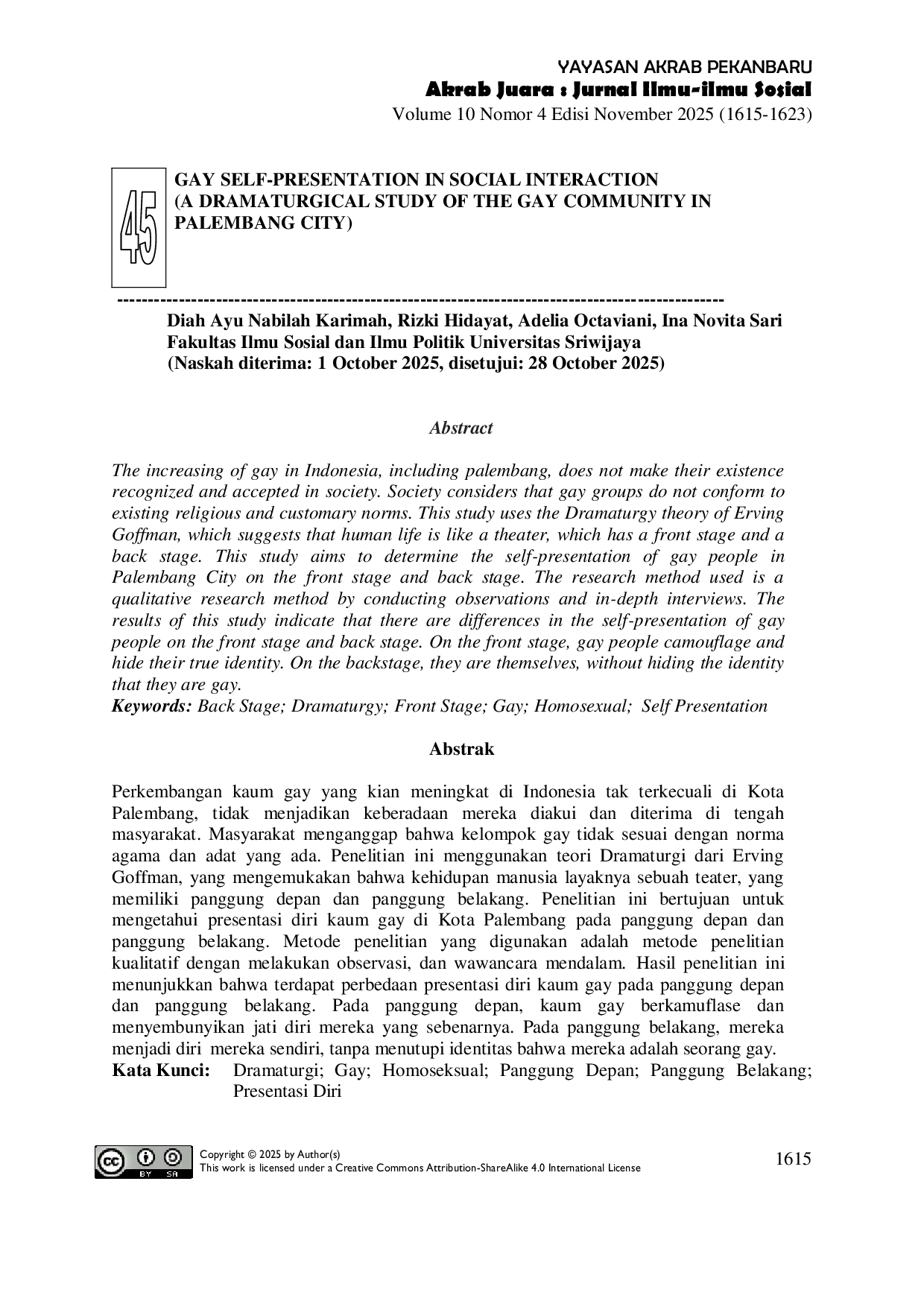 JURIS Gay Self Presentation in Social Interaction A Dramaturgical Study of the Gay Community in Palembang City