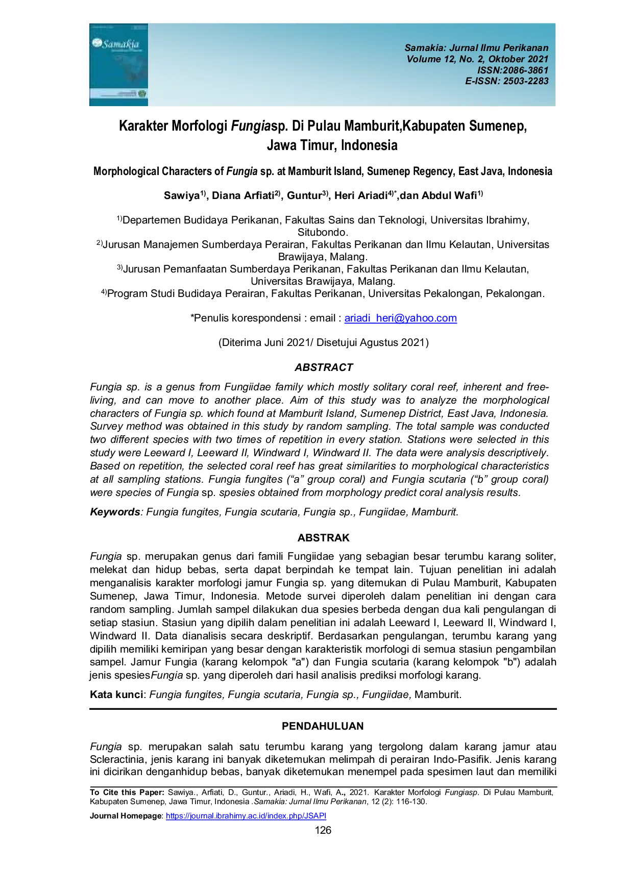 JURIS Karakter Morfologi Fungiasp Di Pulau Mamburit Kabupaten Sumenep Jawa Timur Indonesia