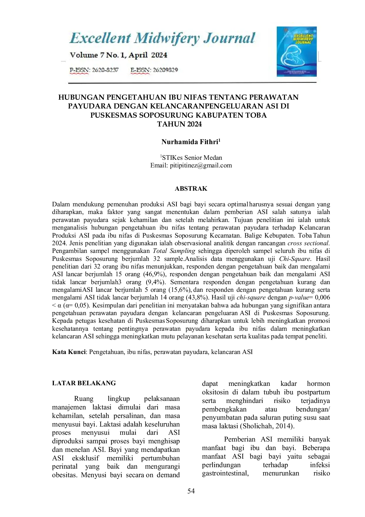 JURIS Hubungan Pengetahuan Ibu Nifas Tentang Perawatan Payudara Dengan Kelancaran Produksi ASI Di Puskesmas Soposurung Tahun 2024