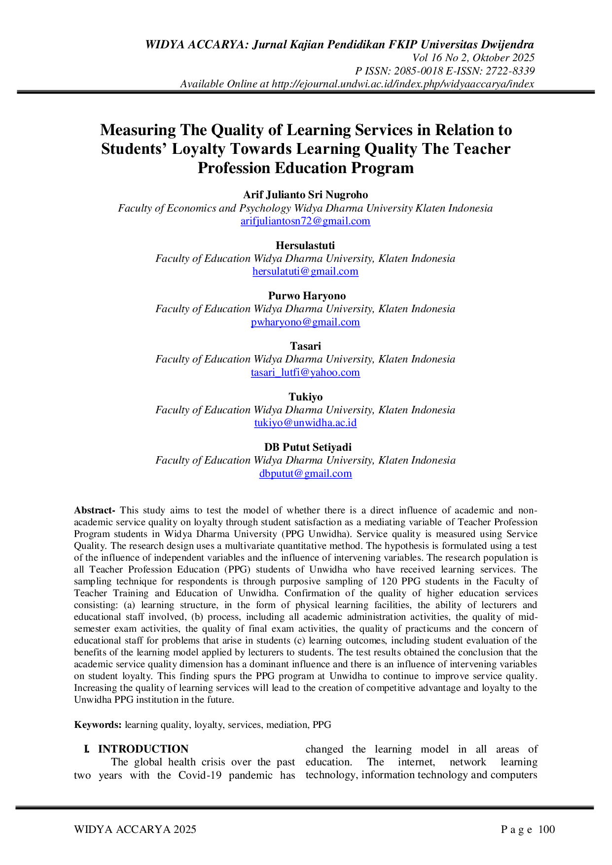 JURIS Measuring The Quality of Learning Services in Relation to Students Loyalty Towards Learning Quality The Teacher Profession Education Program