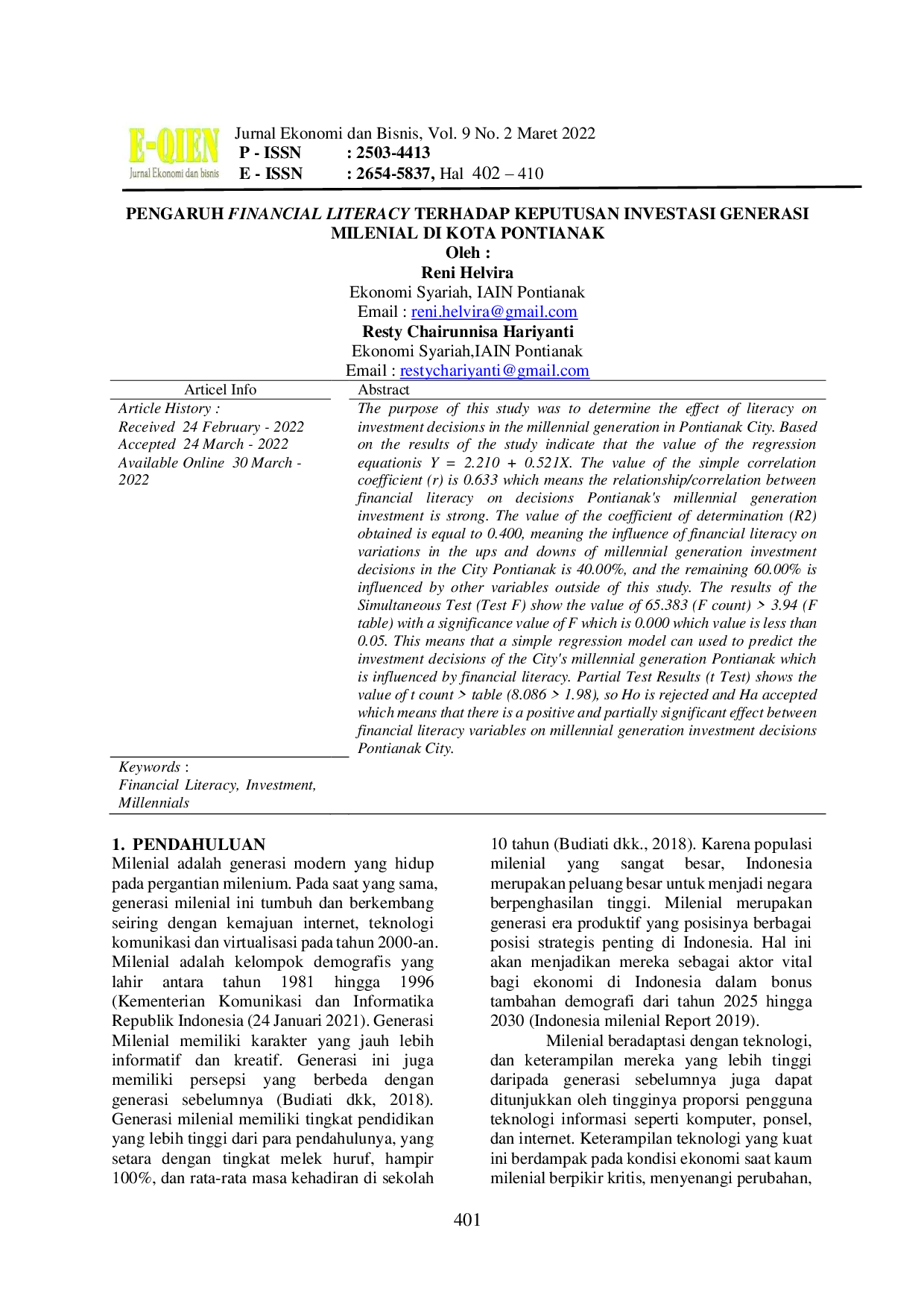 JURIS PENGARUH FINANCIAL LITERACY TERHADAP KEPUTUSAN INVESTASI GENERASI MILENIAL DI KOTA PONTIANAK Financial Literacy Investment Millennials