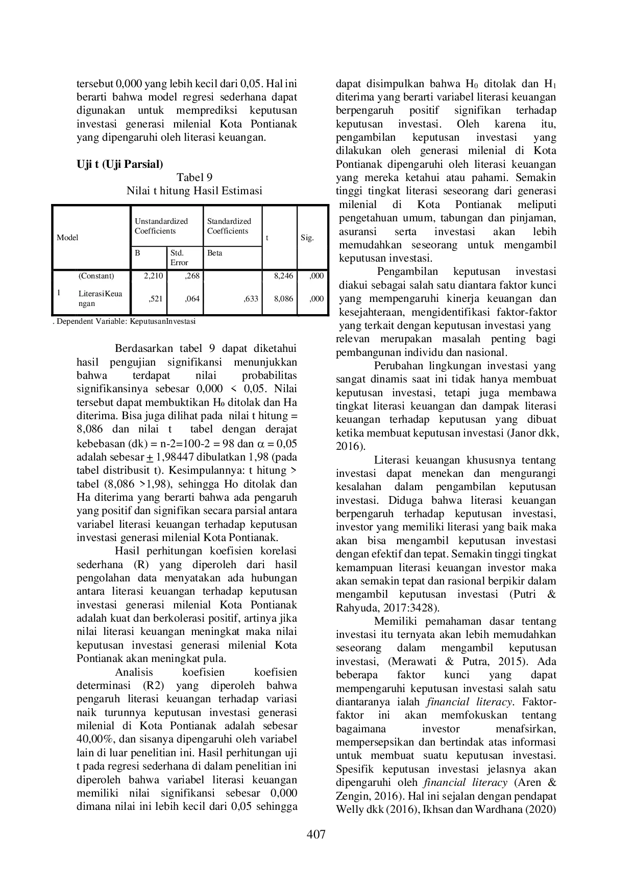 JURIS PENGARUH FINANCIAL LITERACY TERHADAP KEPUTUSAN INVESTASI GENERASI MILENIAL DI KOTA PONTIANAK Financial Literacy Investment Millennials