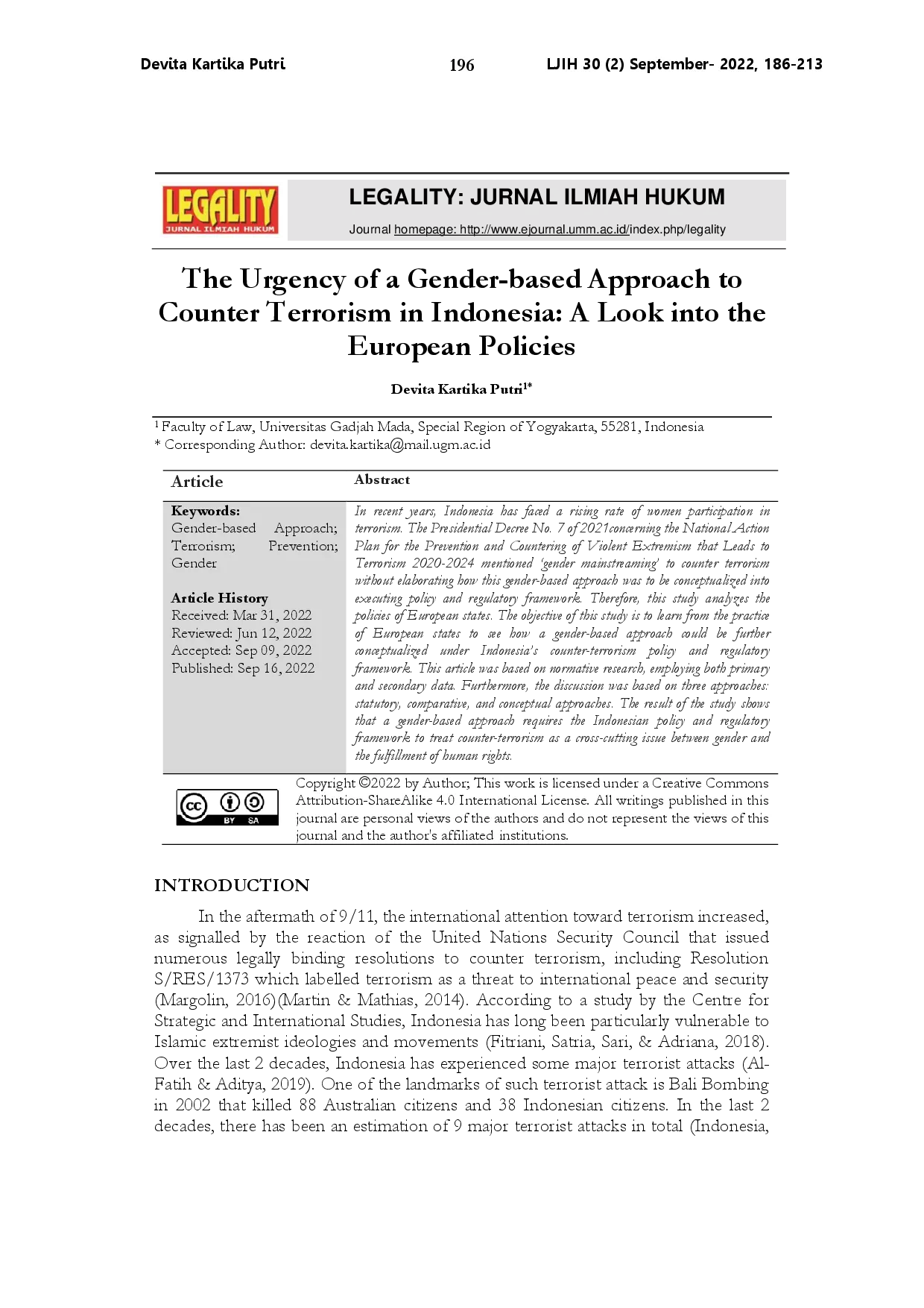 juris The urgency of a gender based approach to counter terrorism in Indonesia a look into the European policies