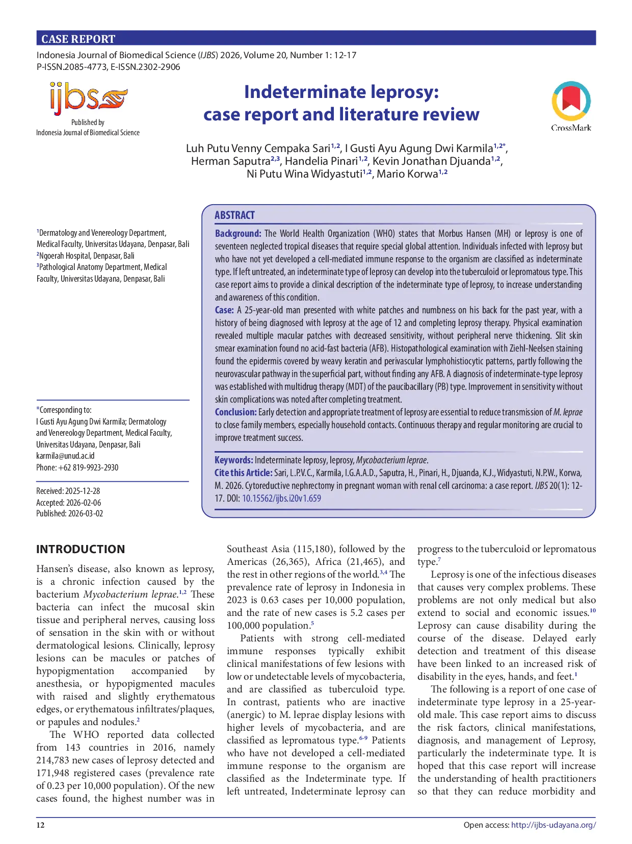 JURIS Indeterminate Leprosy Case Report and Literature Review