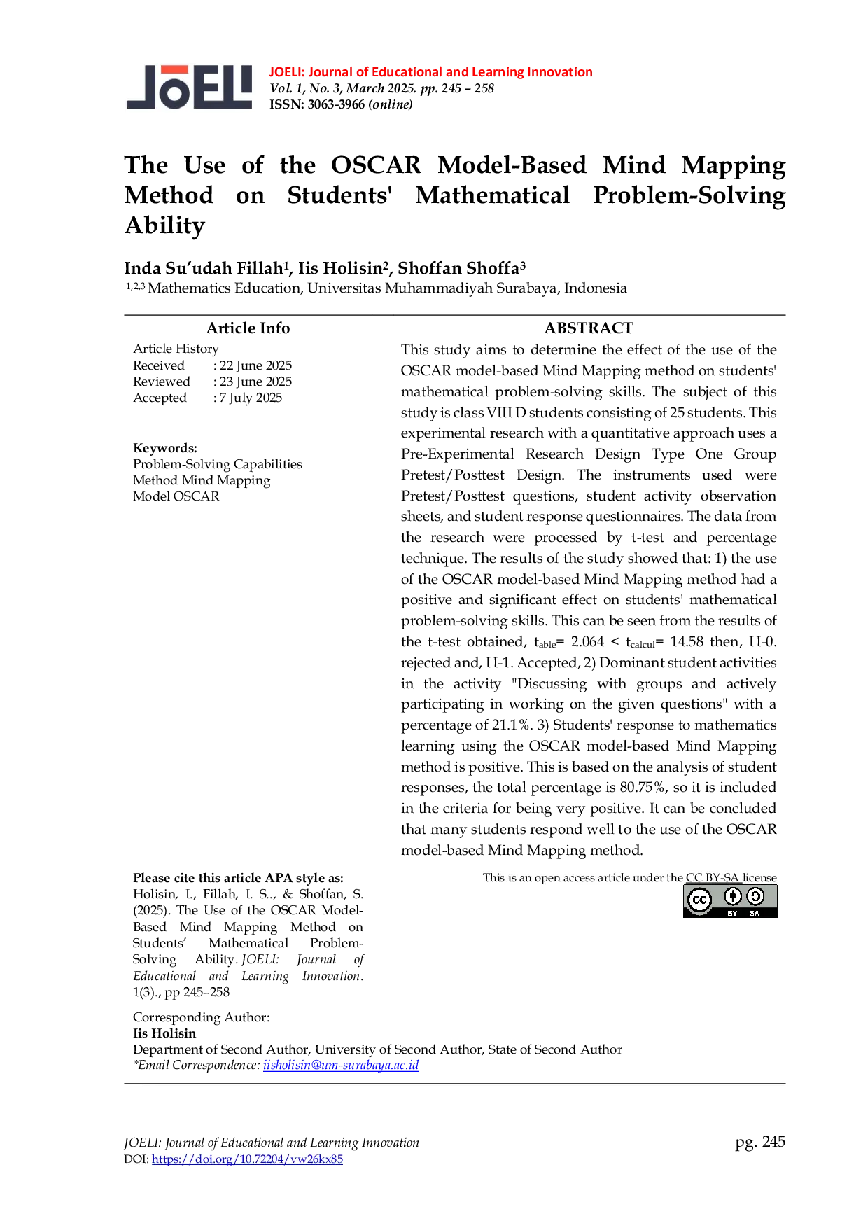 JURIS The Use of the OSCAR Model Based Mind Mapping Method on Students Mathematical Problem Solving Ability