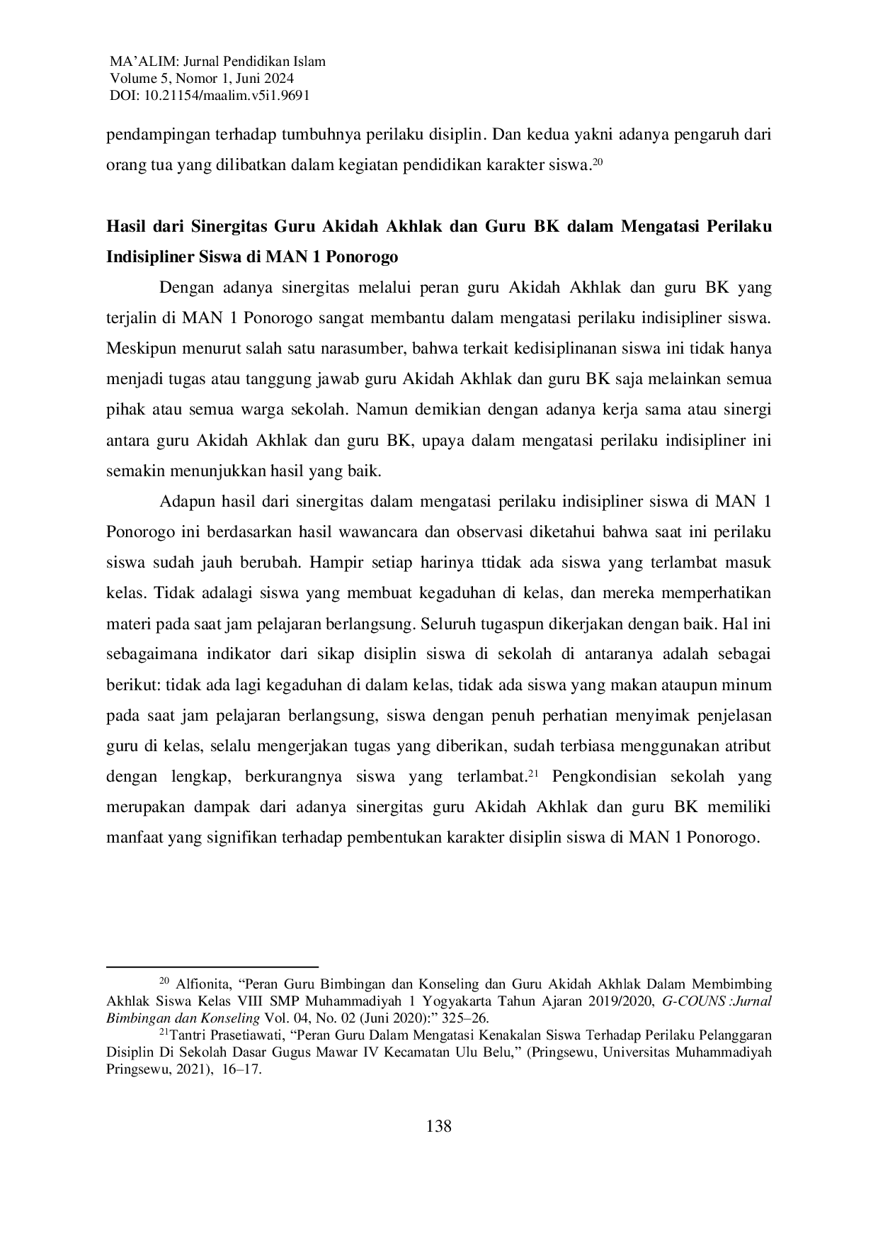 JURIS Sinergitas Guru dalam Mengatasi Perilaku Indisipliner Siswa di MAN 1 Ponorogo