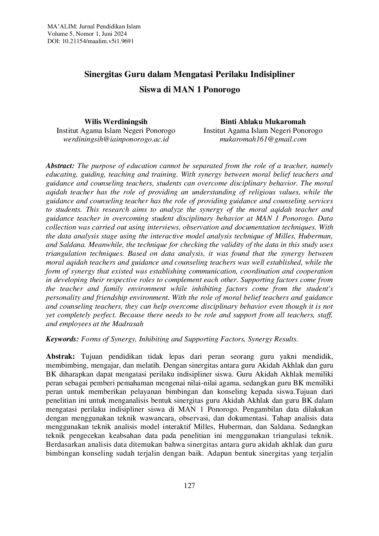 JURIS Sinergitas Guru dalam Mengatasi Perilaku Indisipliner Siswa di MAN 1 Ponorogo