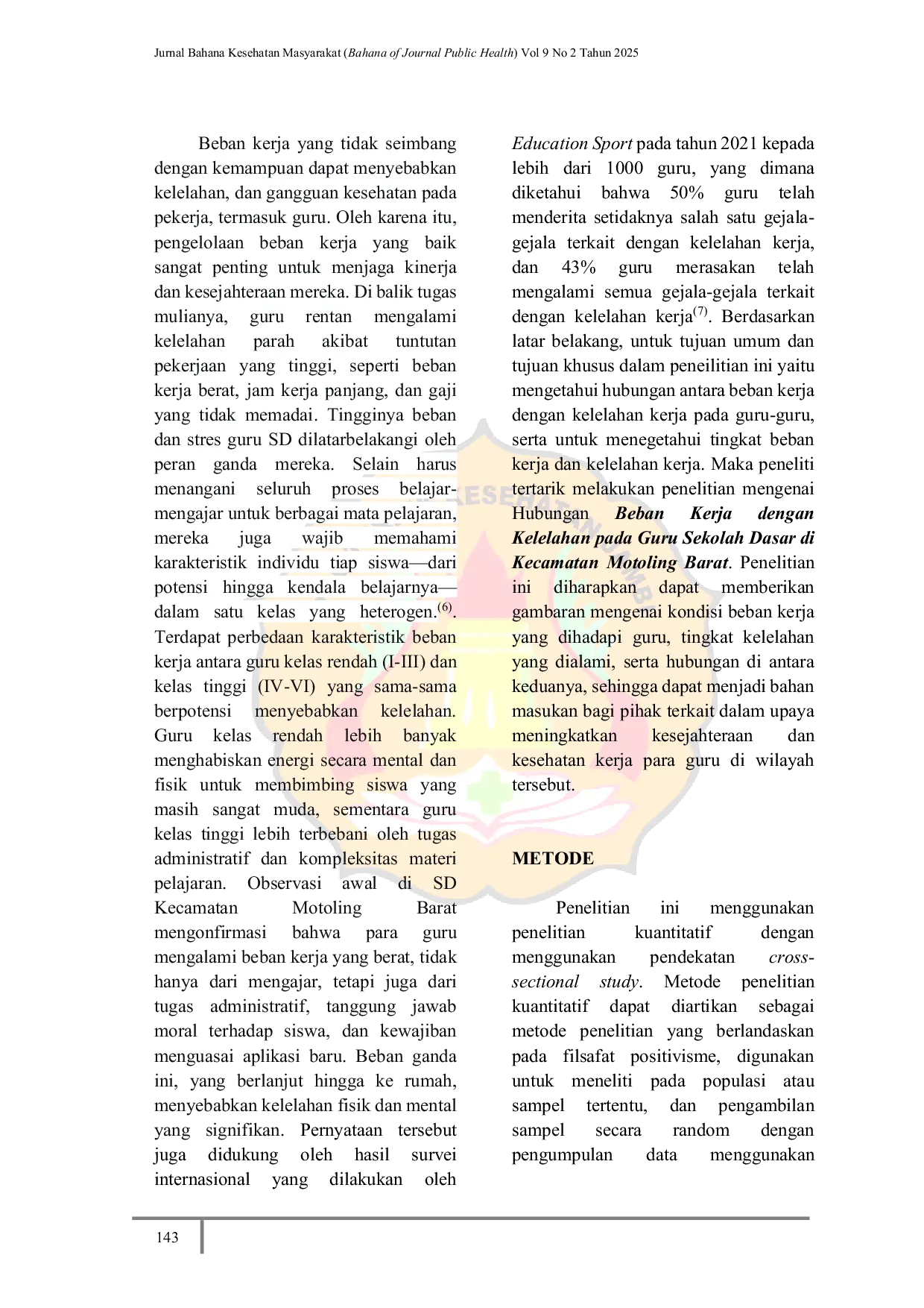 JURIS Hubungan Beban Kerja dengan Kelelahan Pada Guru Sekolah Dasar di Kecamatan Motoling Barat