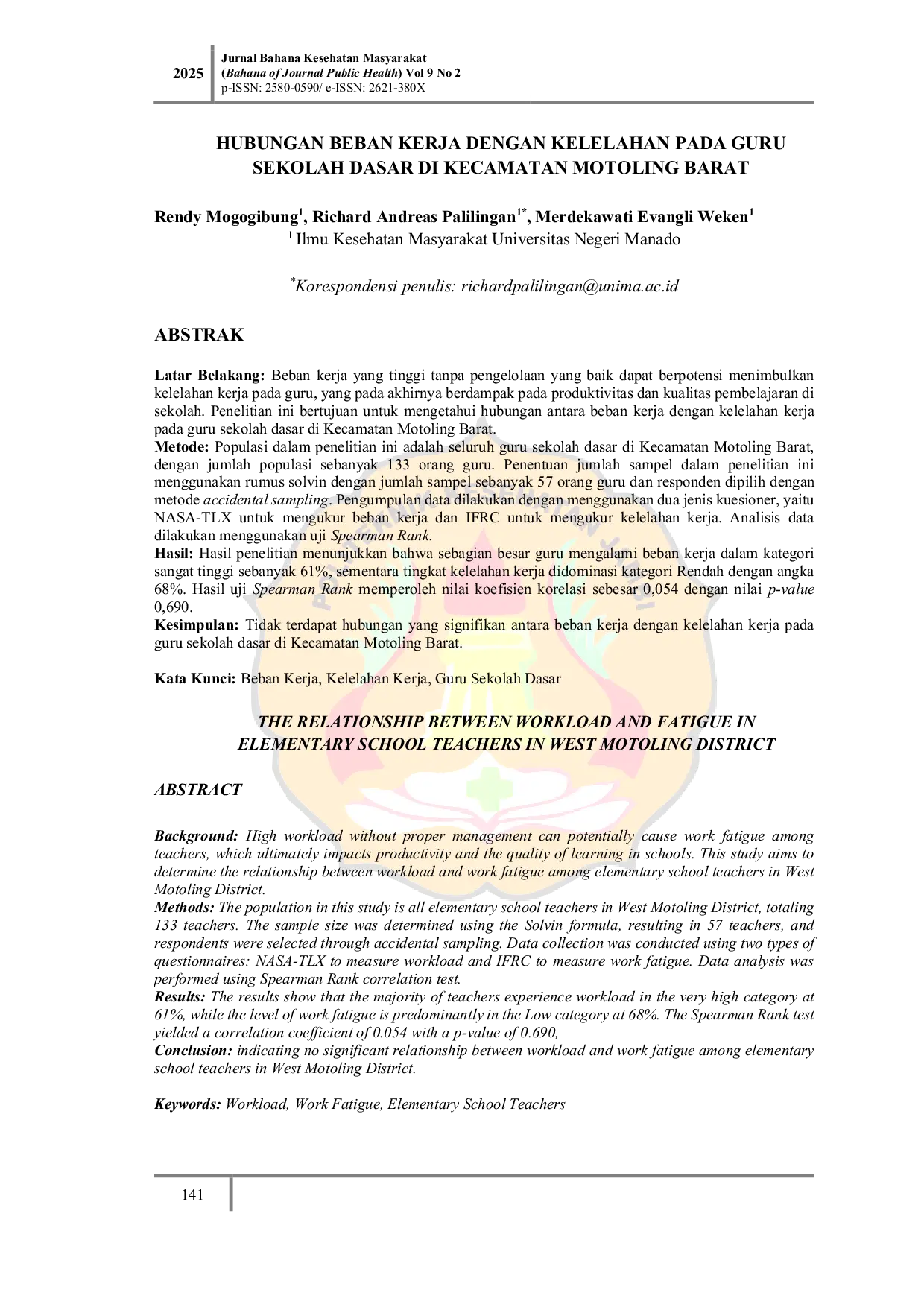 JURIS Hubungan Beban Kerja dengan Kelelahan Pada Guru Sekolah Dasar di Kecamatan Motoling Barat