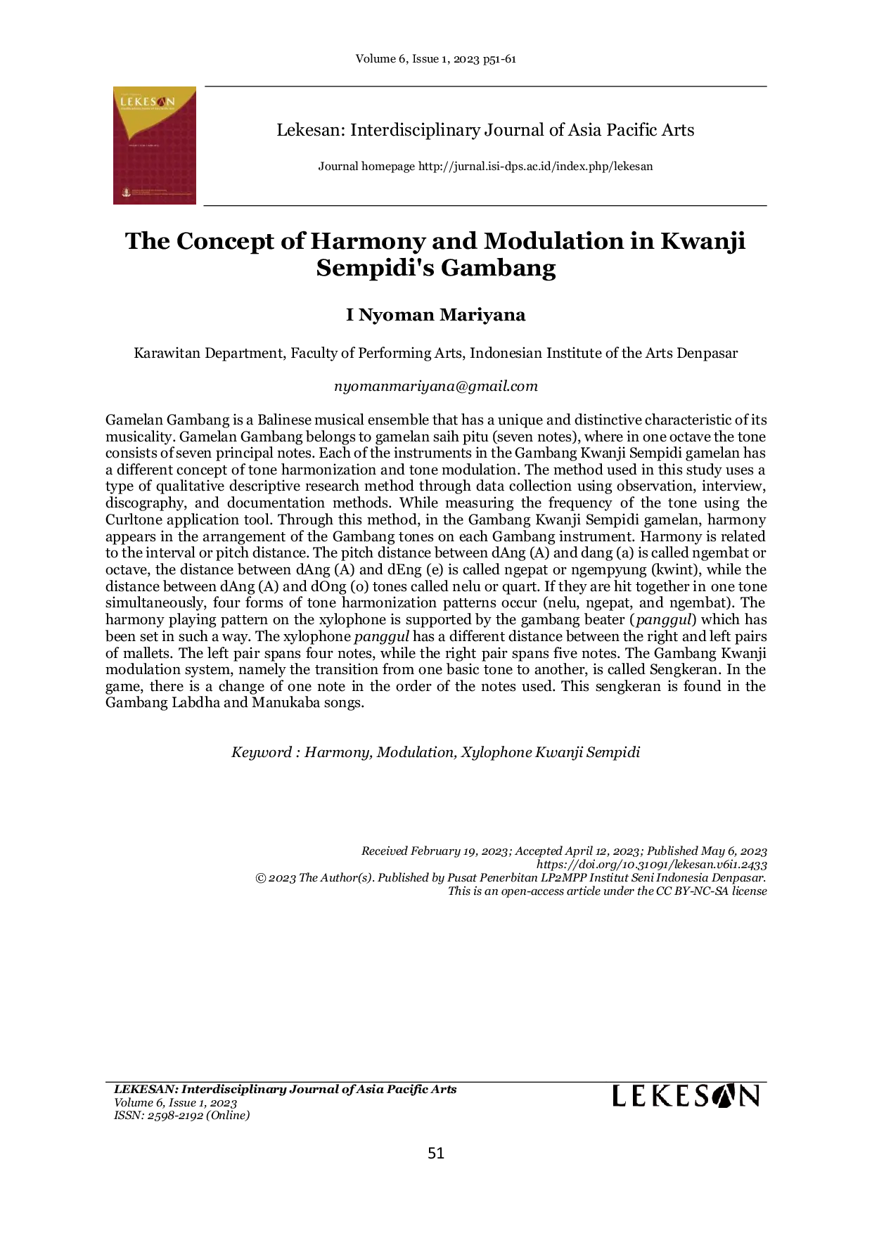 JURIS The Concept of Harmony and Modulation in Kwanji Sempidi s Gambang