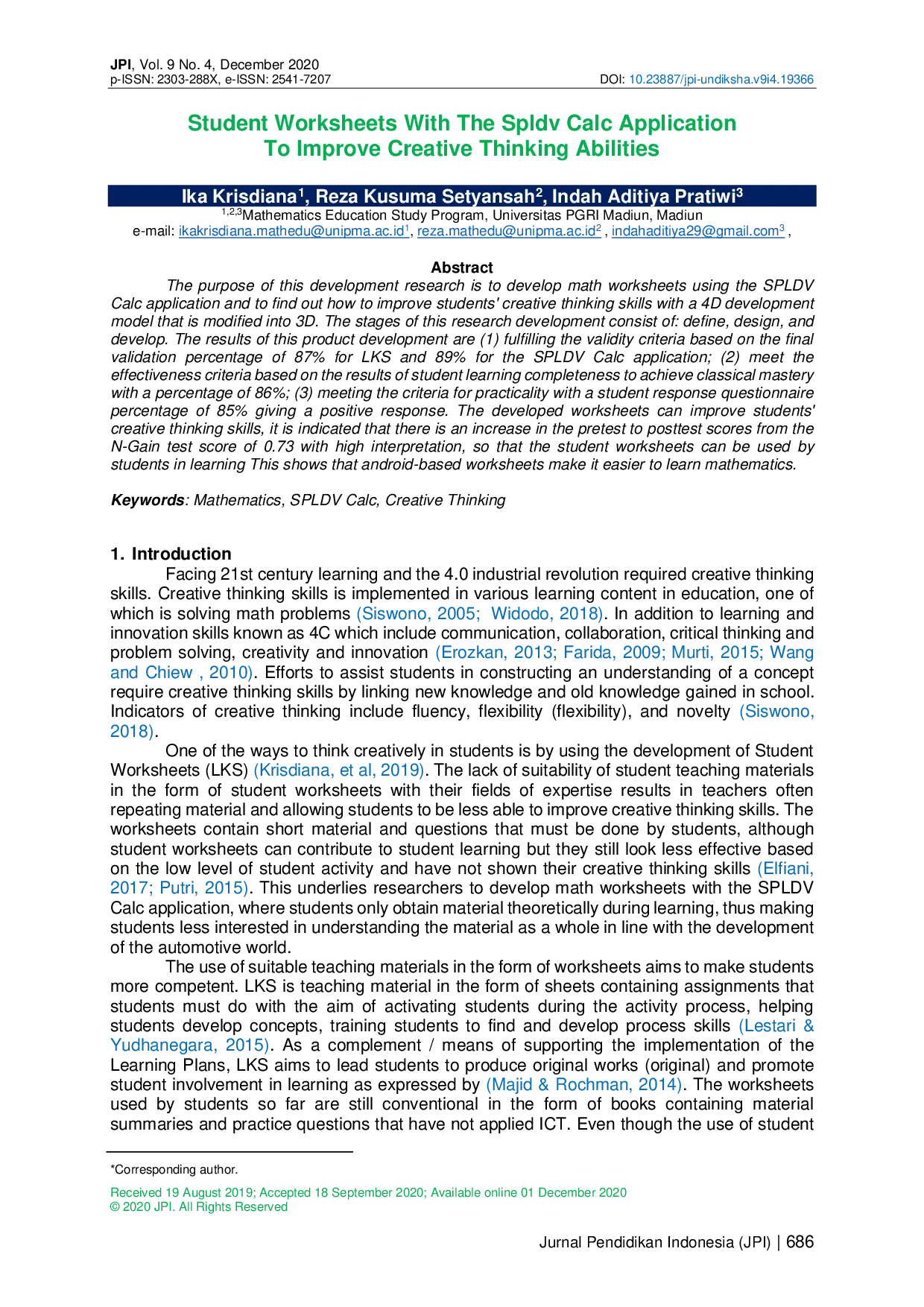 juris Student Worksheets With The Spldv Calc Application To Improve Creative Thinking Abilities