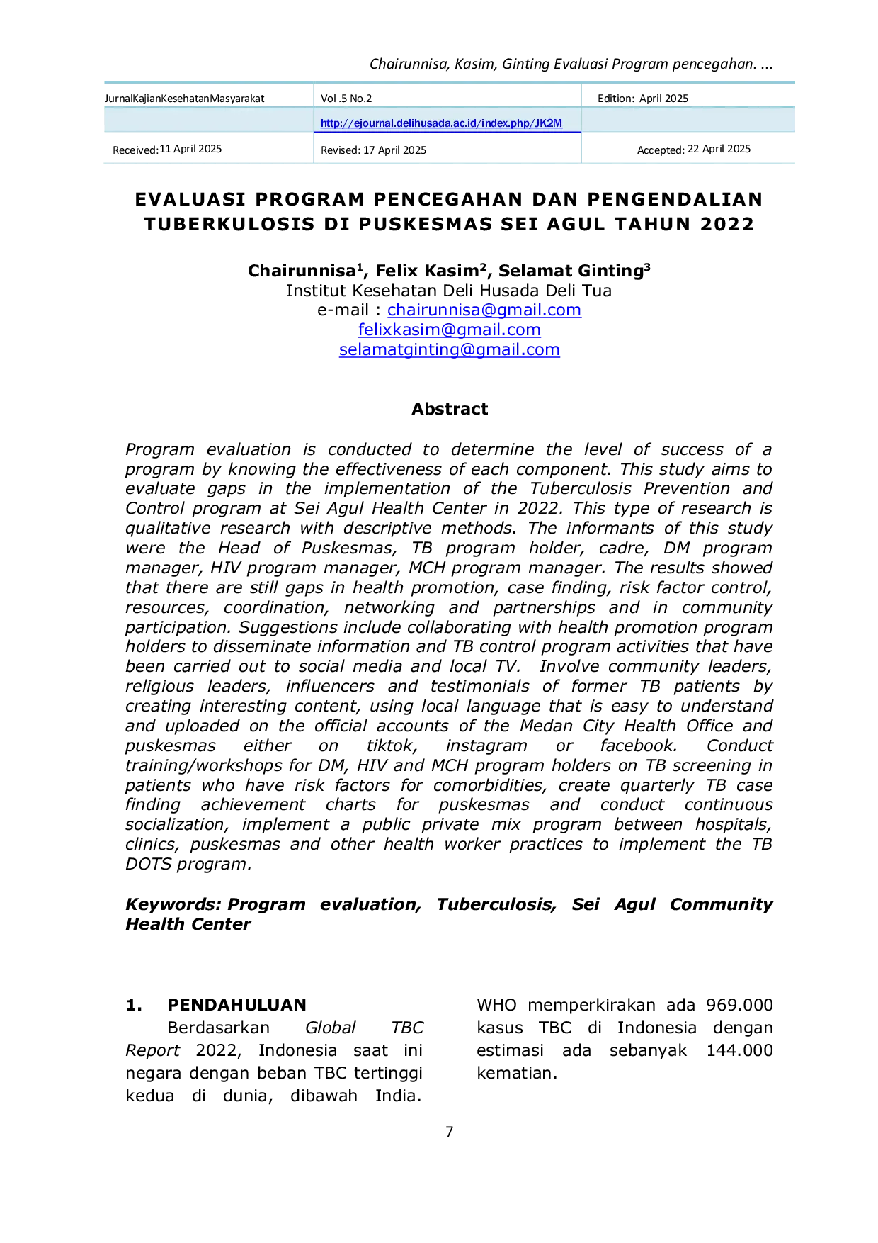 JURIS Evaluasi Program Pencegahan dan Pengendalian Tuberkulosis di Puskesmas Sei Agul Tahun 2022