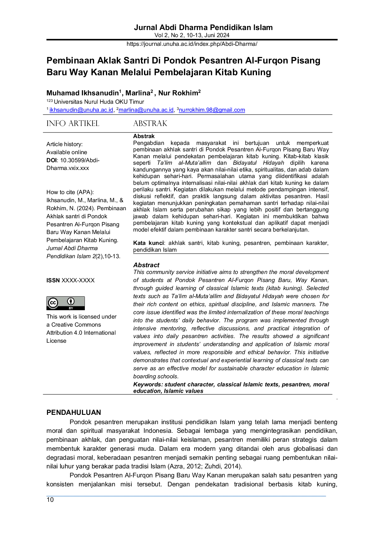 JURIS Character Development of Santri at Al Furqon Islamic Boarding School Pisang Baru Way Kanan Through Classical Islamic Text Kitab Kuning Learning