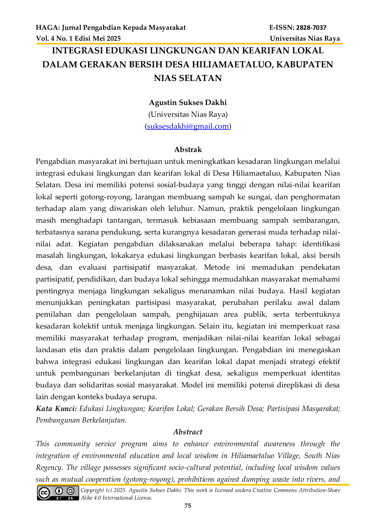 JURIS Integrasi Edukasi Lingkungan Dan Kearifan Lokal Dalam Gerakan Bersih Desa Hiliamaetaluo Kabupaten Nias Selatan