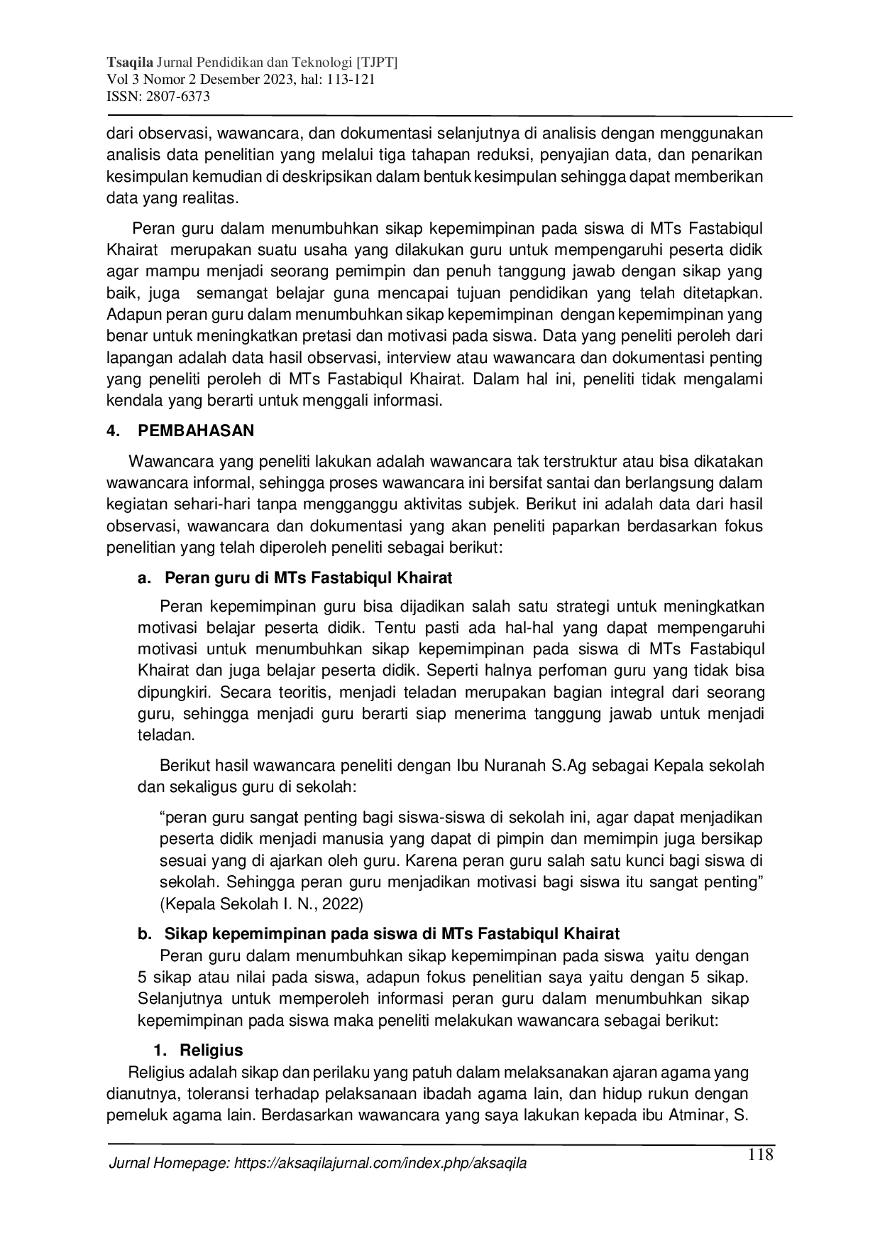 JURIS Peran Guru dalam Menumbuhkan Sikap Kepemimpinan pada Siswa di MTs Fastabiqul Khairat