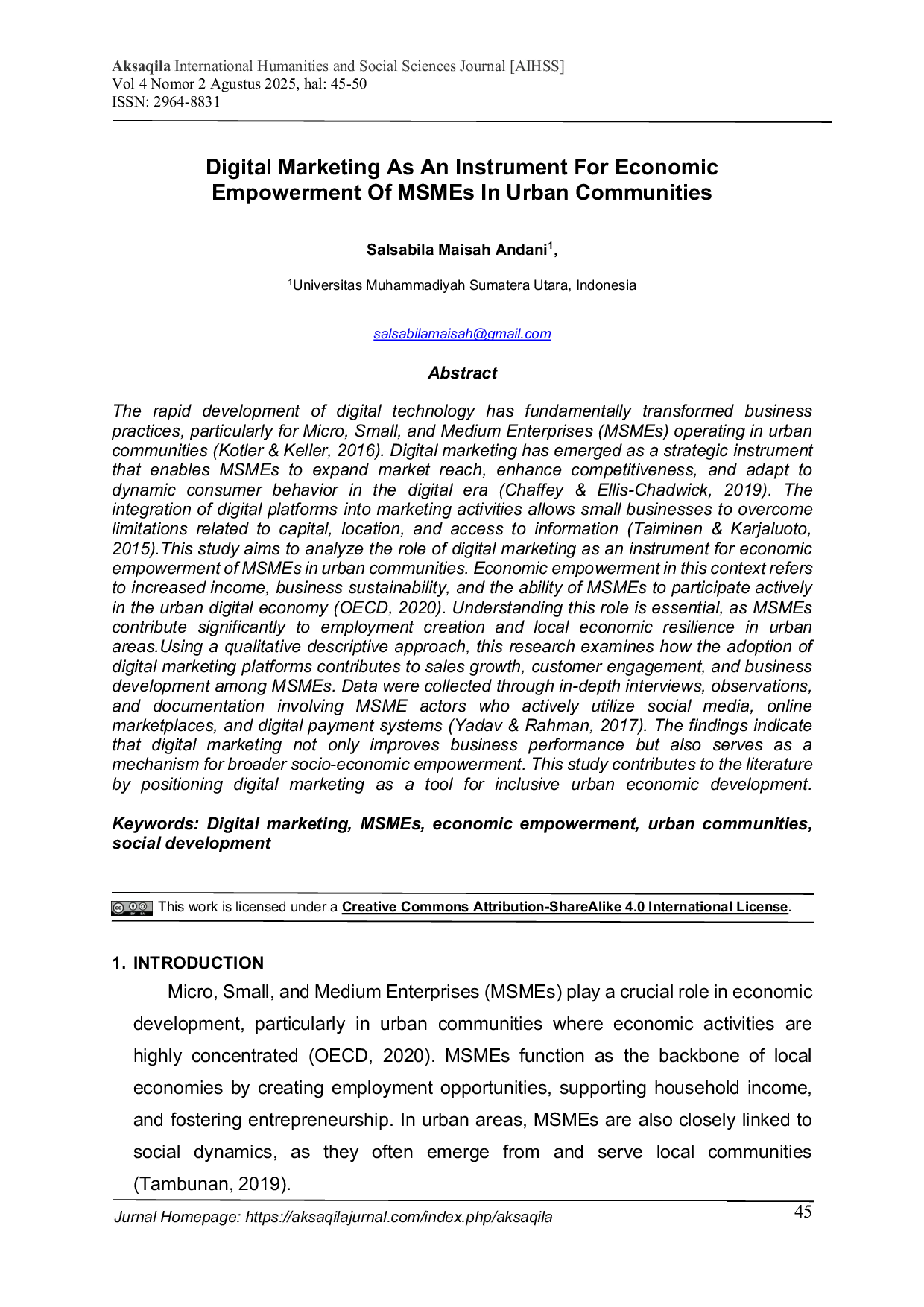 JURIS Digital Marketing As An Instrument For Economic Empowerment Of MSMEs In Urban Communities