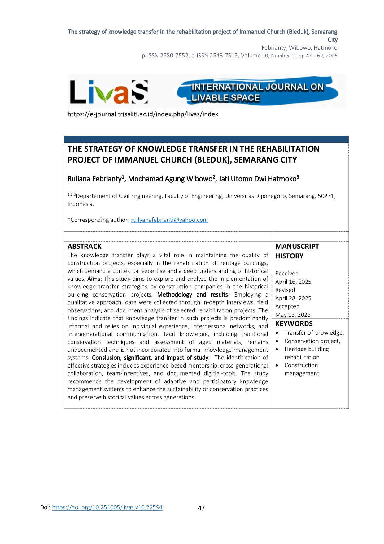 JURIS Strategi Transfer Pengetahuan dalam Proyek Rehabilitasi Gereja Immanuel Bleduk Kota Semarang