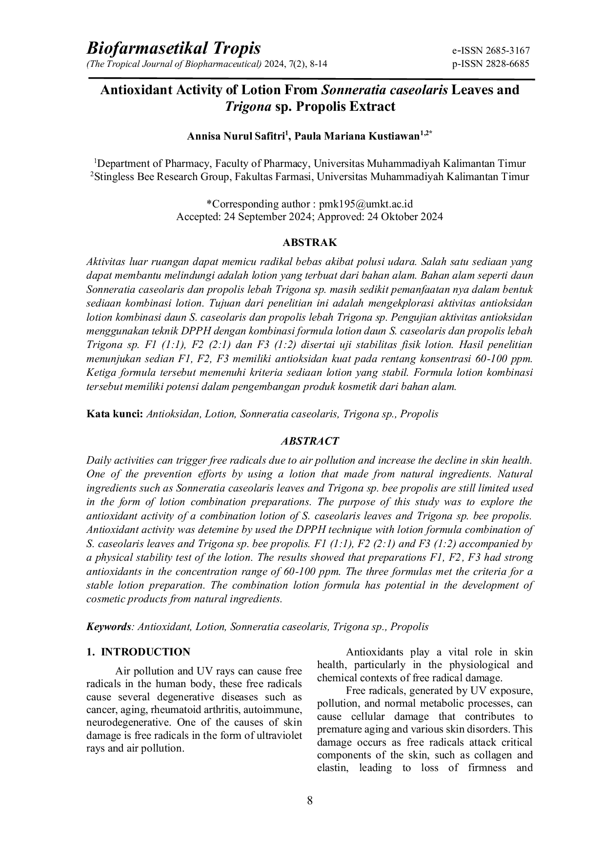 JURIS Antioxidant Activity of Lotion From Sonneratia caseolaris Leaves and Trigona sp Propolis Extract