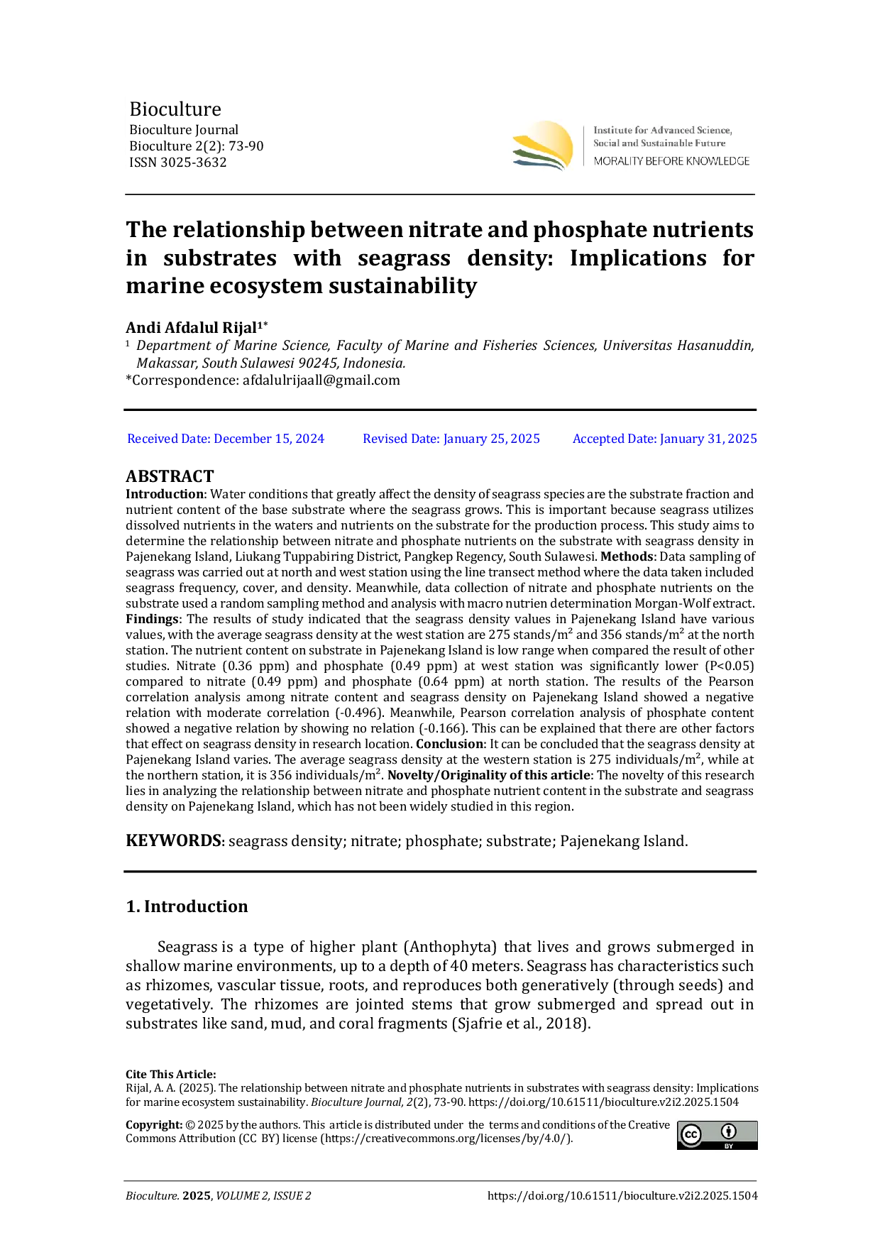 JURIS The relationship between nitrate and phosphate nutrients in substrates with seagrass density Implications for marine ecosystem sustainability