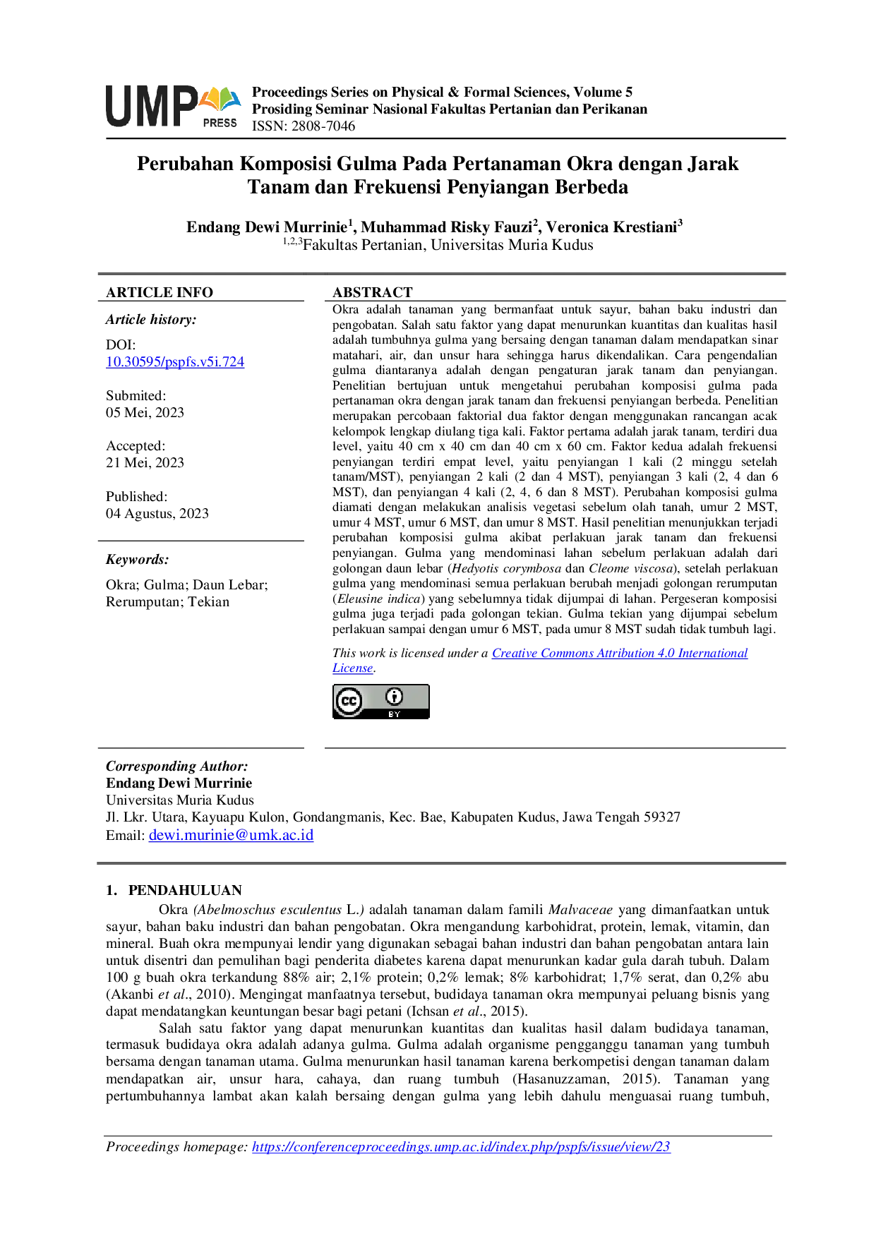 JURIS Perubahan Komposisi Gulma Pada Pertanaman Okra dengan Jarak Tanam dan Frekuensi Penyiangan Berbeda
