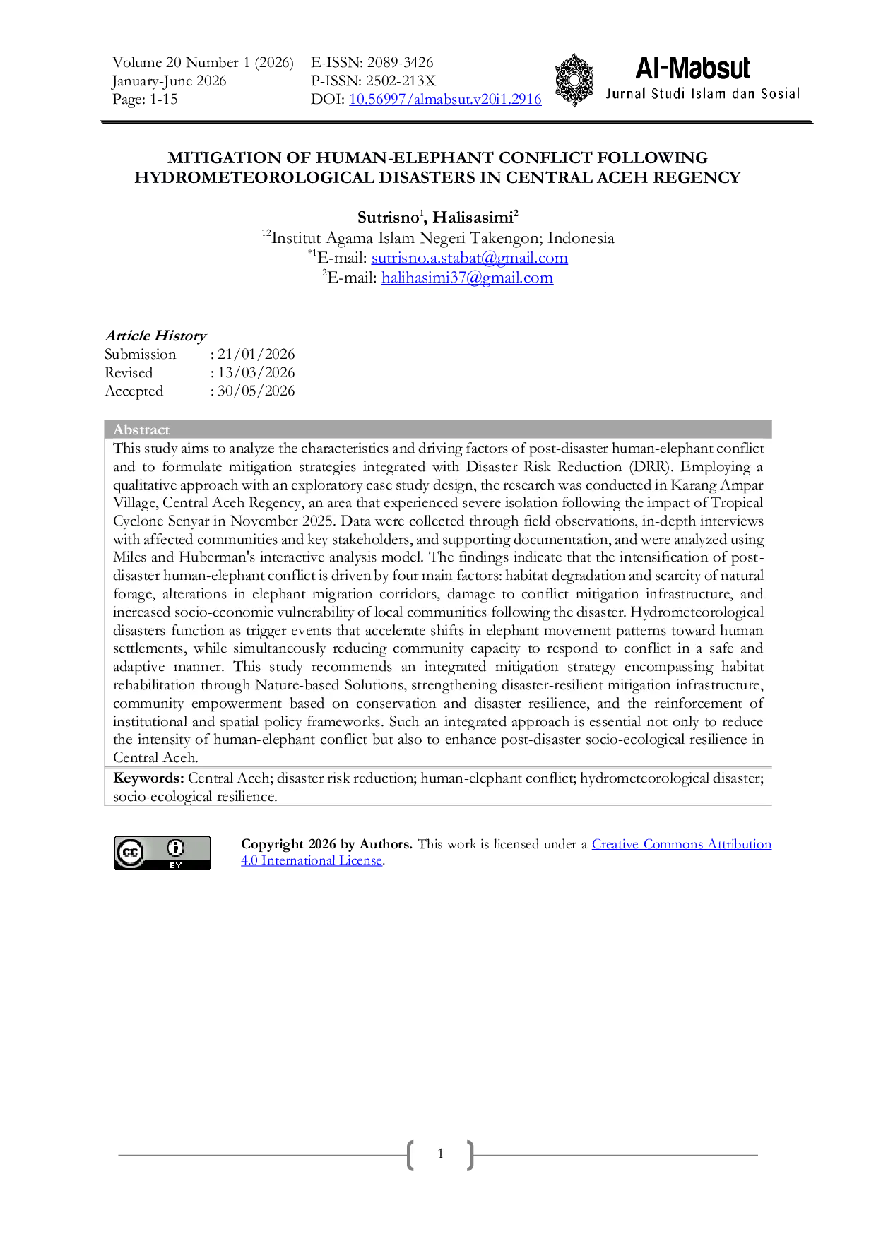JURIS Mitigation of Human Elephant Conflict Following Hydrometeorological Disasters in Central Aceh Regency