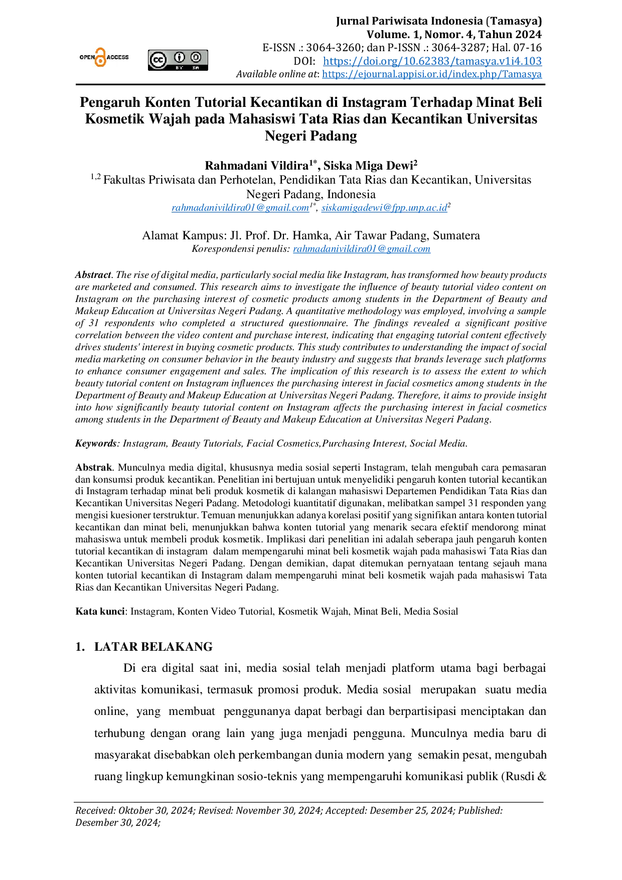 JURIS Pengaruh Konten Tutorial Kecantikan di Instagram Terhadap Minat Beli Kosmetik Wajah pada Mahasiswi Tata Rias dan Kecantikan Universitas Negeri Padang
