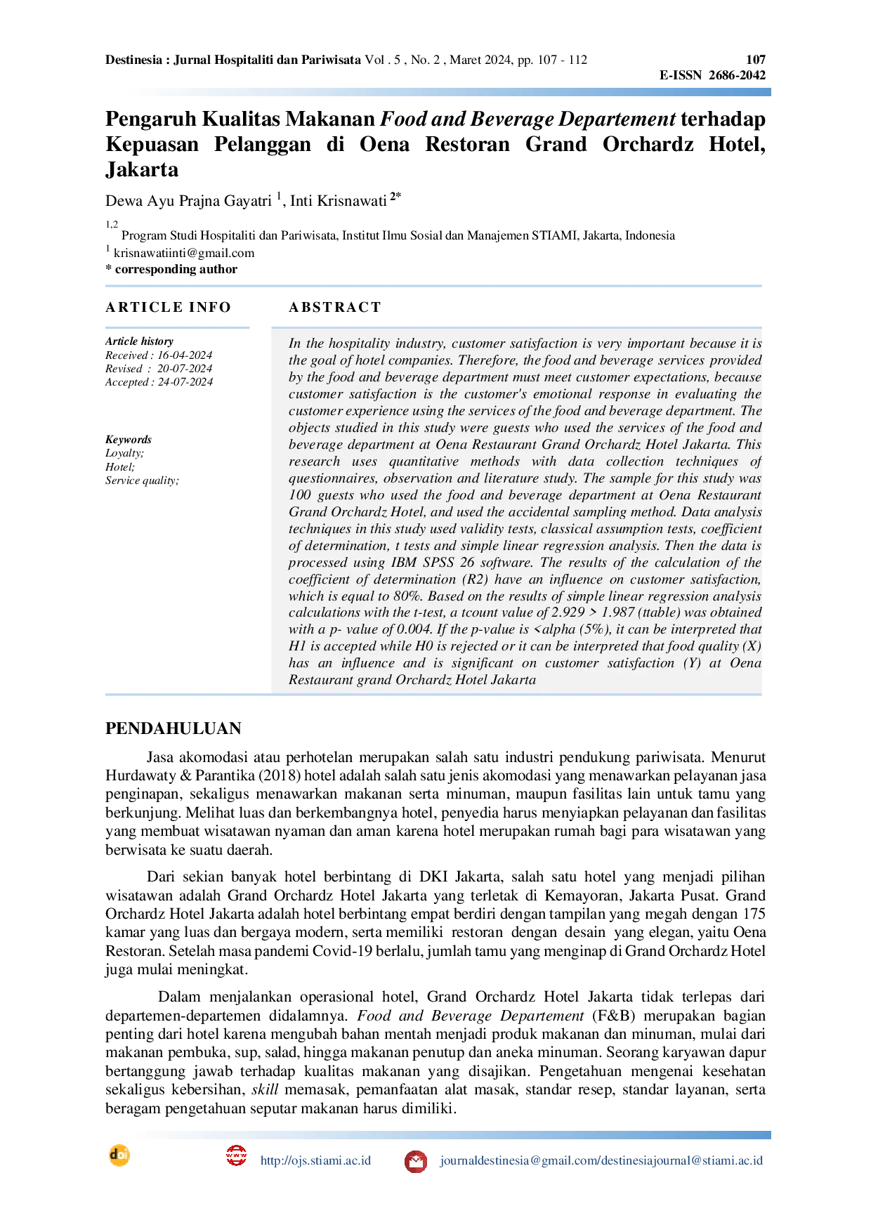 JURIS Pengaruh Kualitas Makanan Food and Beverage Departement terhadap Kepuasan Pelanggan di Oena Restoran Grand Orchardz Hotel Jakarta