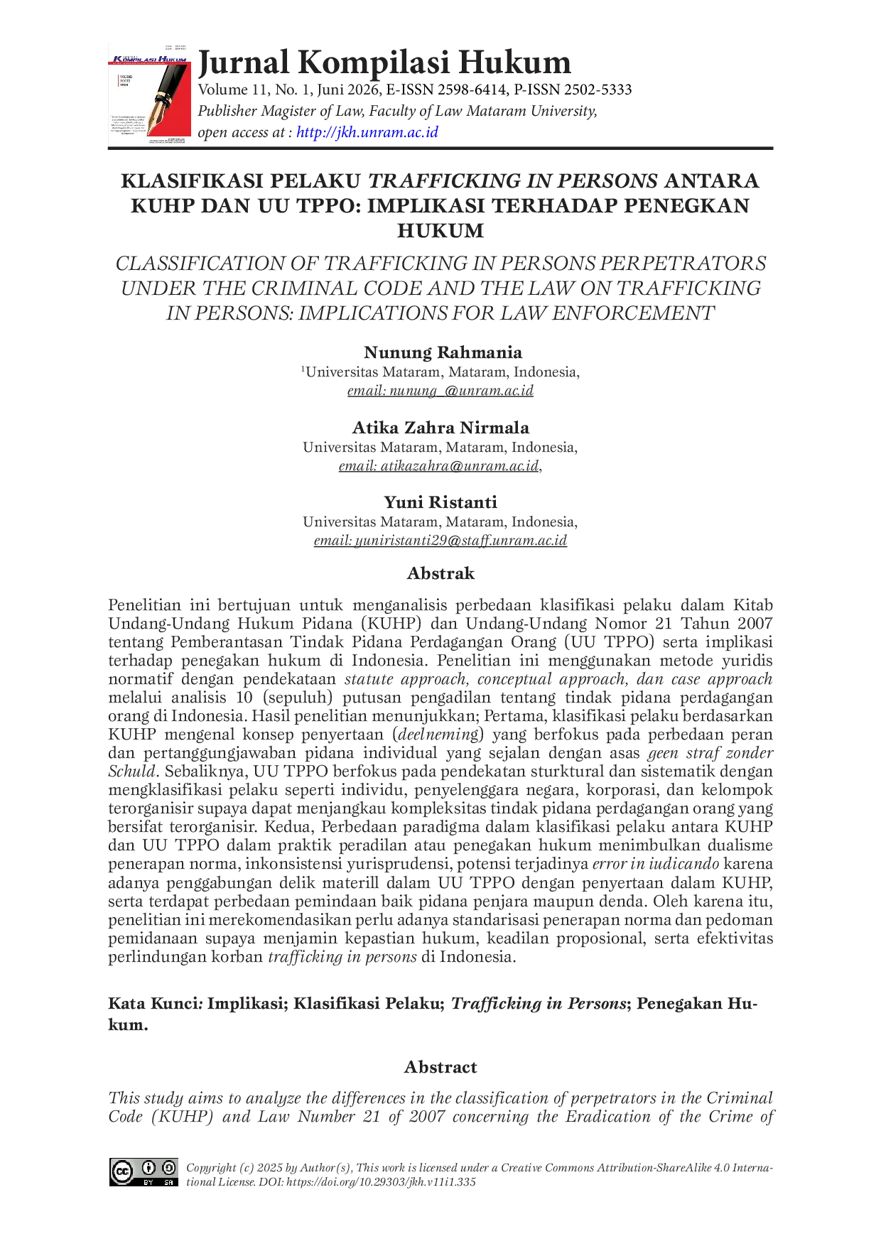 JURIS Classification of Trafficking in Persons Perpetrators Under The Criminal Code And The Law on Trafficking in Persons Implications For Law Enforcement