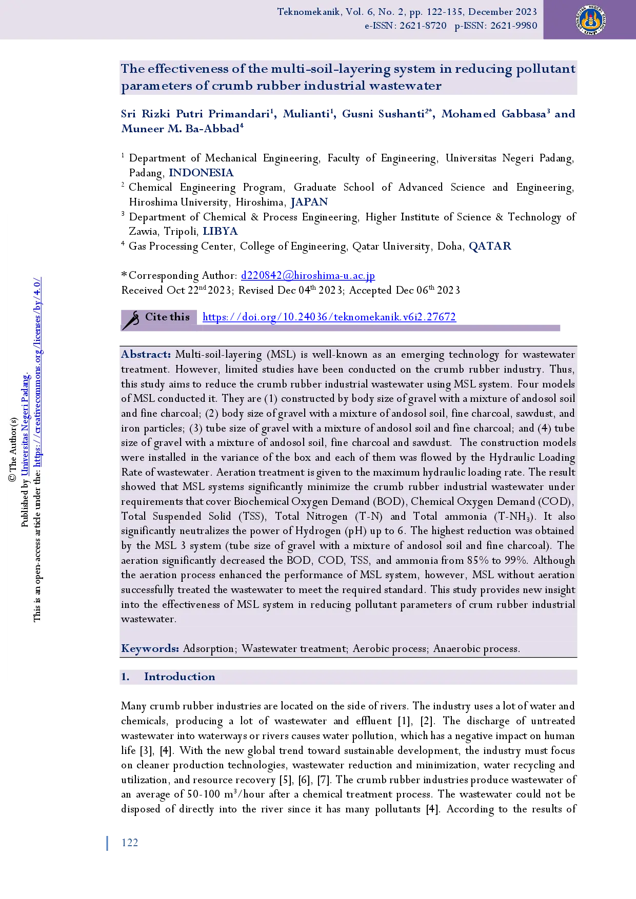 juris The effectiveness of the multi soil layering system in reducing pollutant parameters of crumb rubber industrial wastewater