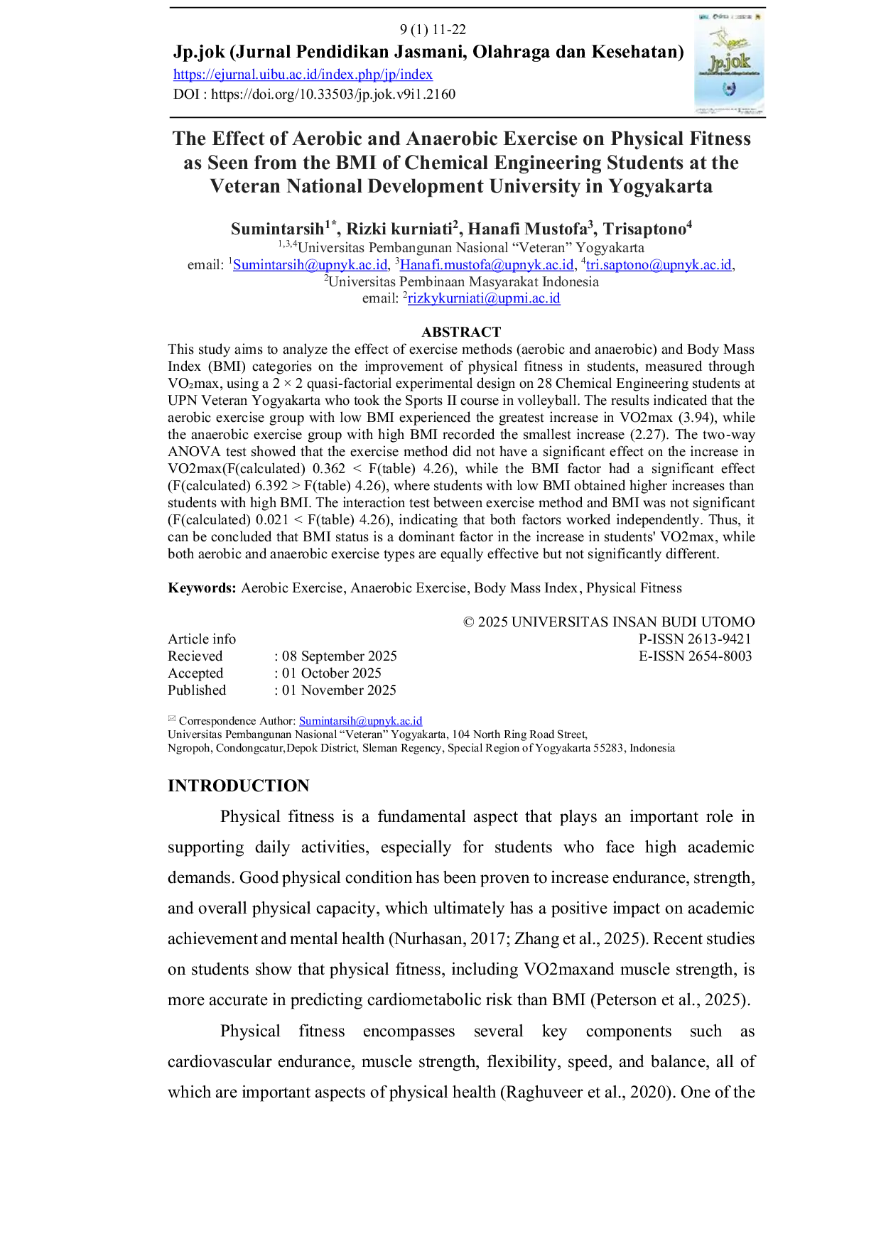 JURIS The Effect of Aerobic and Anaerobic Exercise on Physical Fitness as Seen from the BMI of Chemical Engineering Students at the Veteran National Development University in Yogyakarta