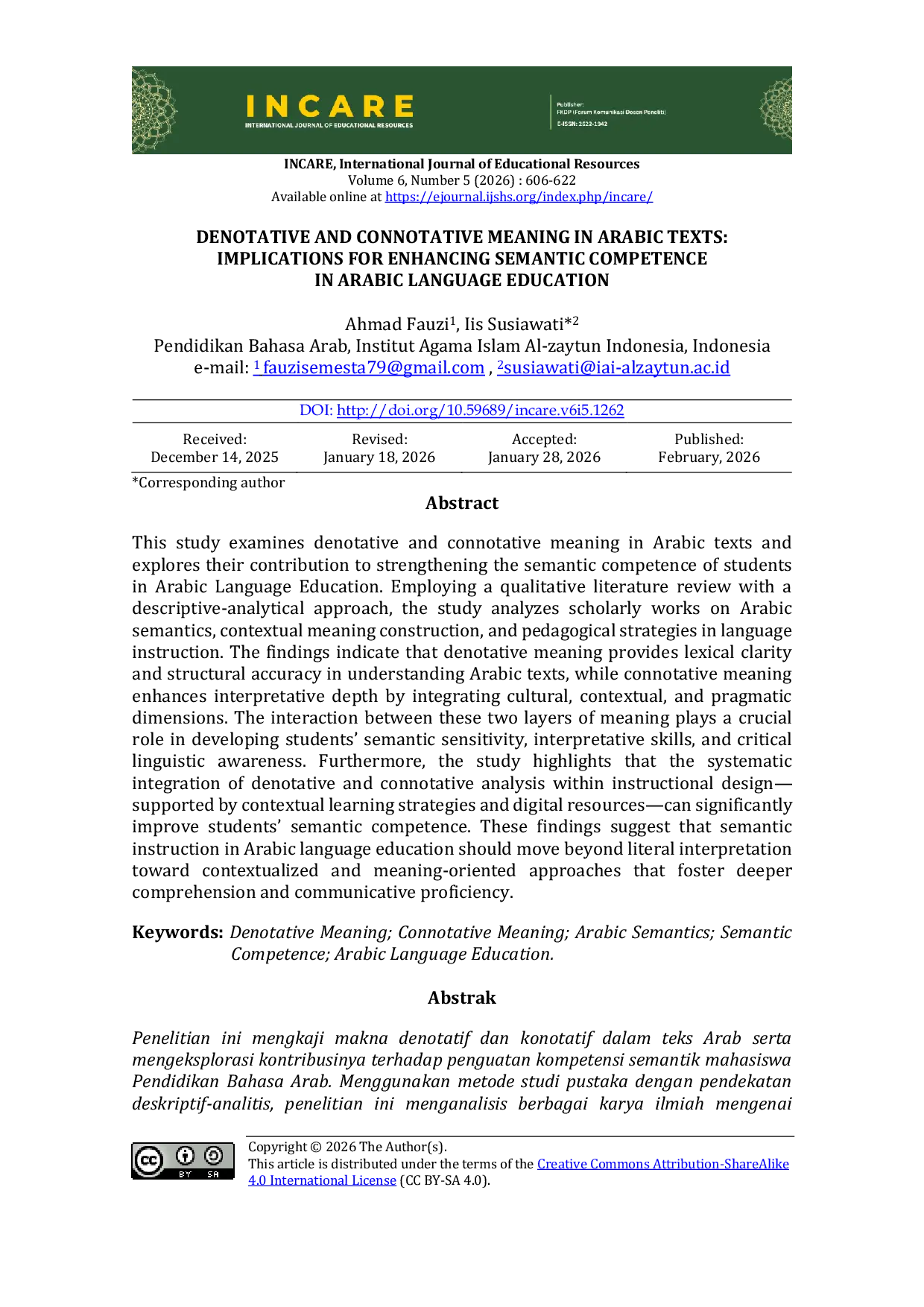 JURIS Denotative and Connotative Meaning in Arabic Texts Implications for Enhancing Semantic Competence in Arabic Language Education