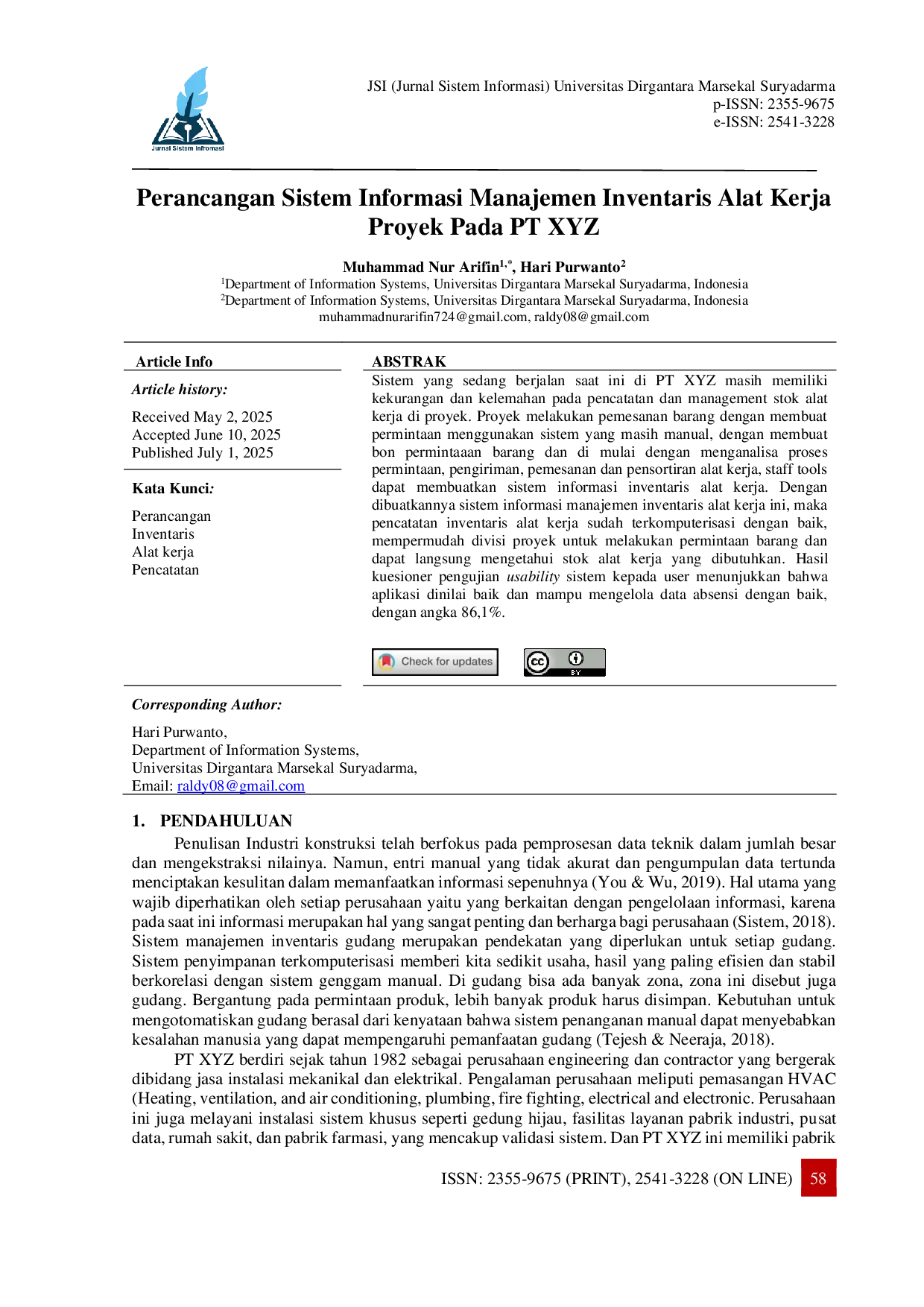 JURIS Perancangan Sistem Informasi Manajemen Inventaris Alat Kerja Proyek Pada PT XYZ