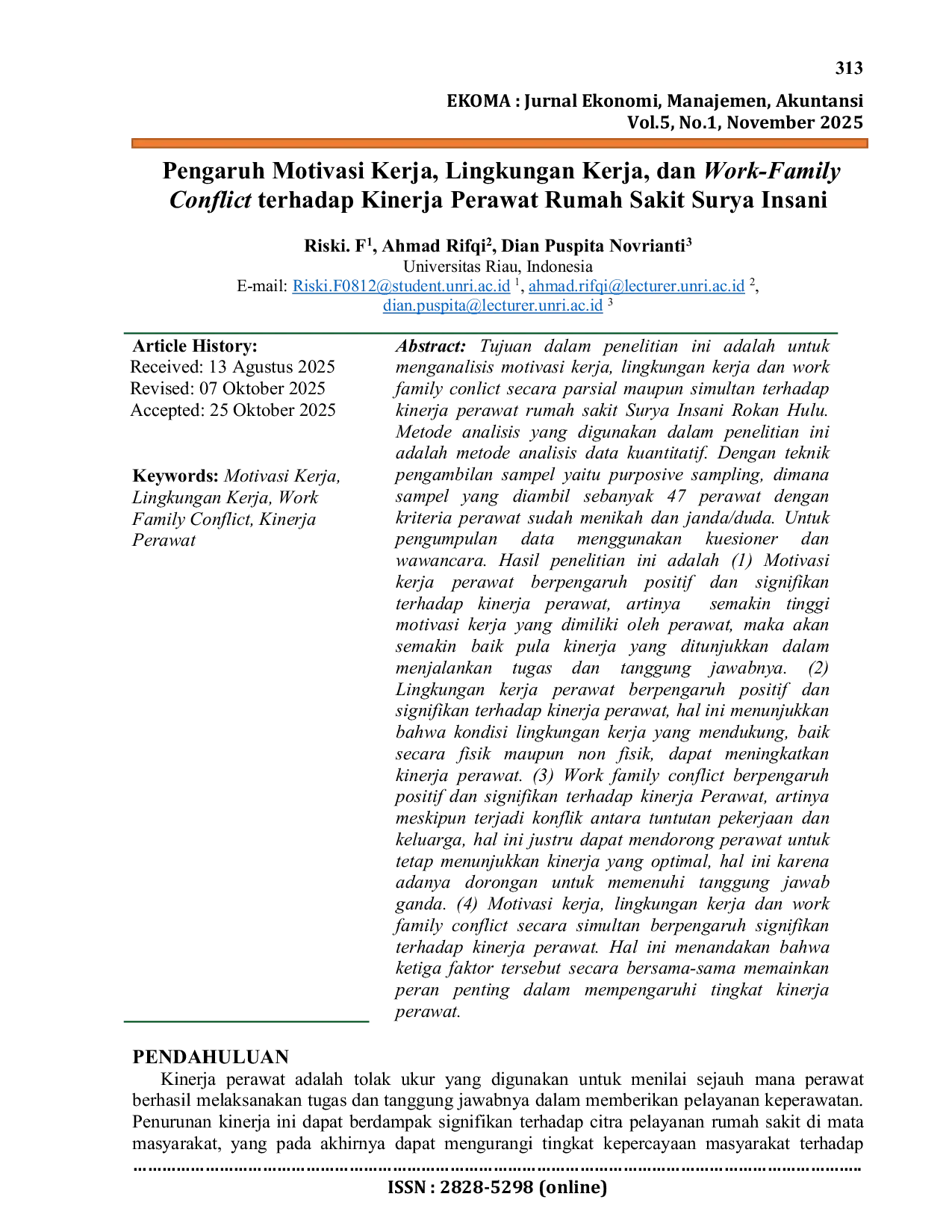 JURIS Pengaruh Motivasi Kerja Lingkungan Kerja dan Work Family Conflict terhadap Kinerja Perawat Rumah Sakit Surya Insani