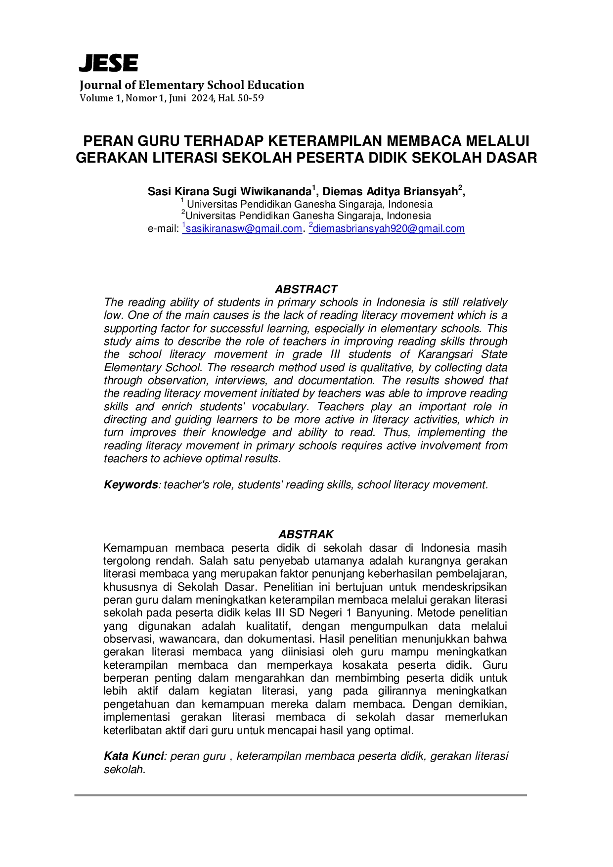 juris Peran Guru Terhadap Keterampilan Membaca Melalui Gerakan Literasi Sekolah Peserta Didik Sekolah Dasar