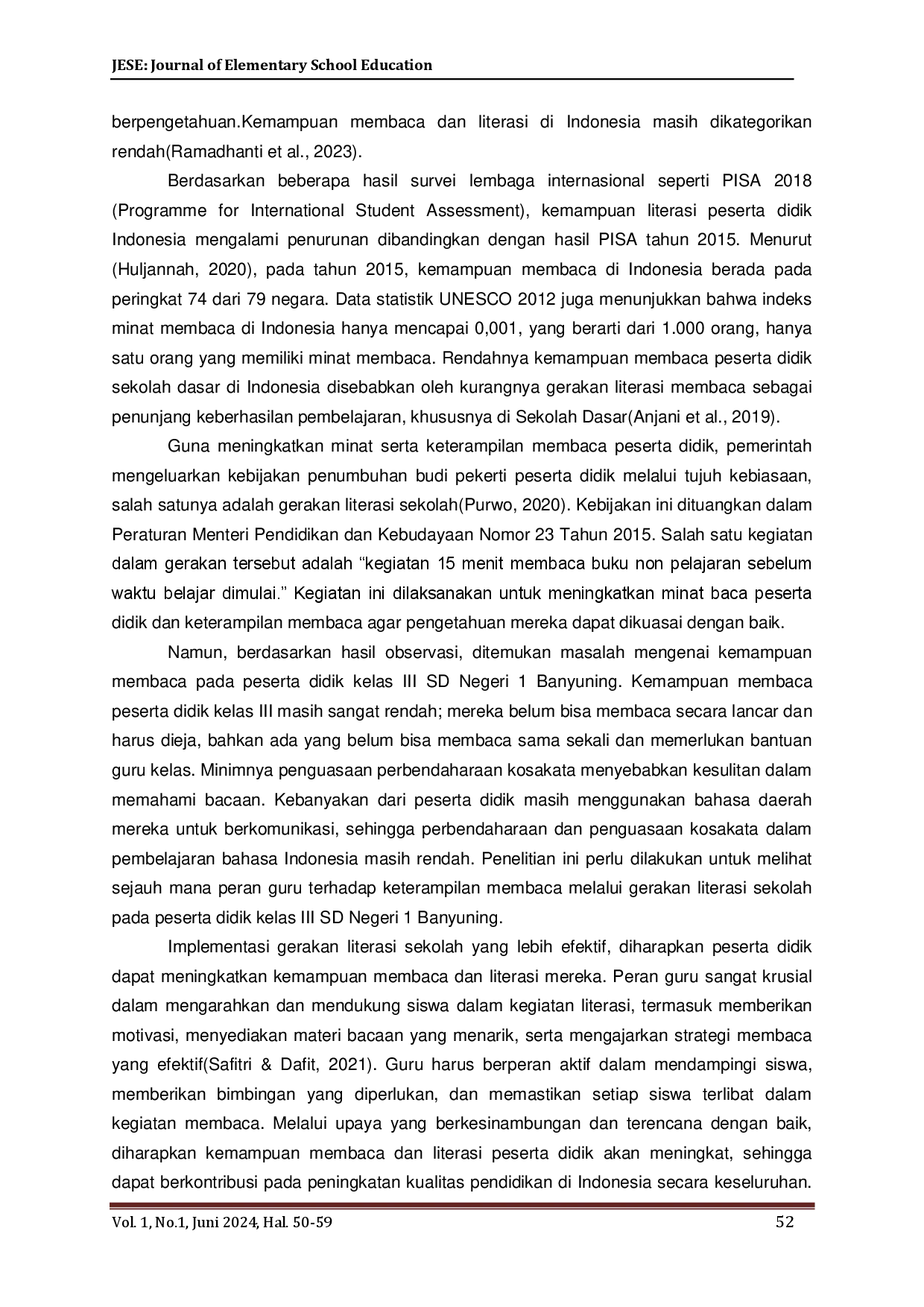 juris Peran Guru Terhadap Keterampilan Membaca Melalui Gerakan Literasi Sekolah Peserta Didik Sekolah Dasar