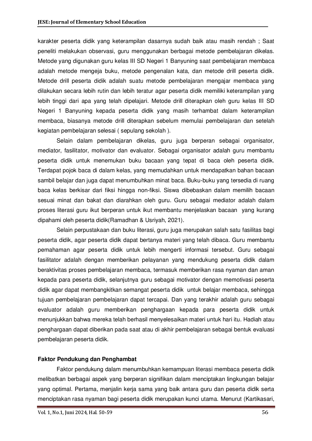 juris Peran Guru Terhadap Keterampilan Membaca Melalui Gerakan Literasi Sekolah Peserta Didik Sekolah Dasar