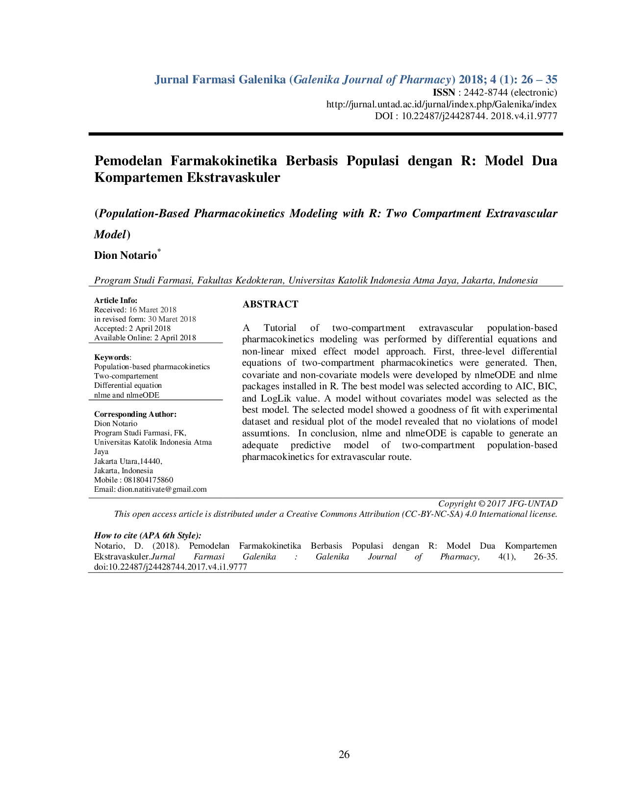 JURIS Pemodelan Farmakokinetika Berbasis Populasi dengan R Model Dua Kompartemen Ekstravaskuler