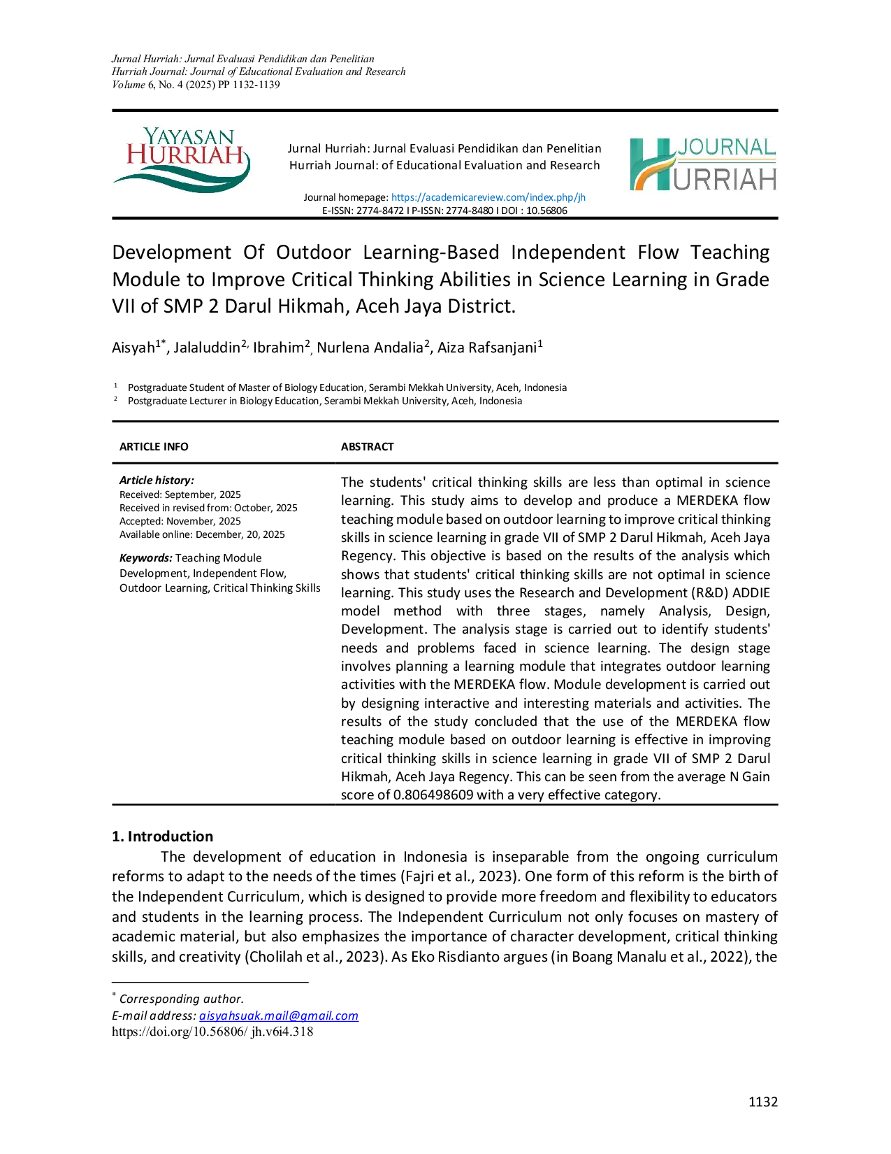 JURIS Pengembangan Modul Pembelajaran Berbasis Alur MERDEKA dengan Pembelajaran di Luar Kelas untuk Meningkatkan Kemampuan Berpikir Kritis Siswa dalam Pembelajaran IPA Kelas VII di SMP 2 Darul Hikmah Kabup